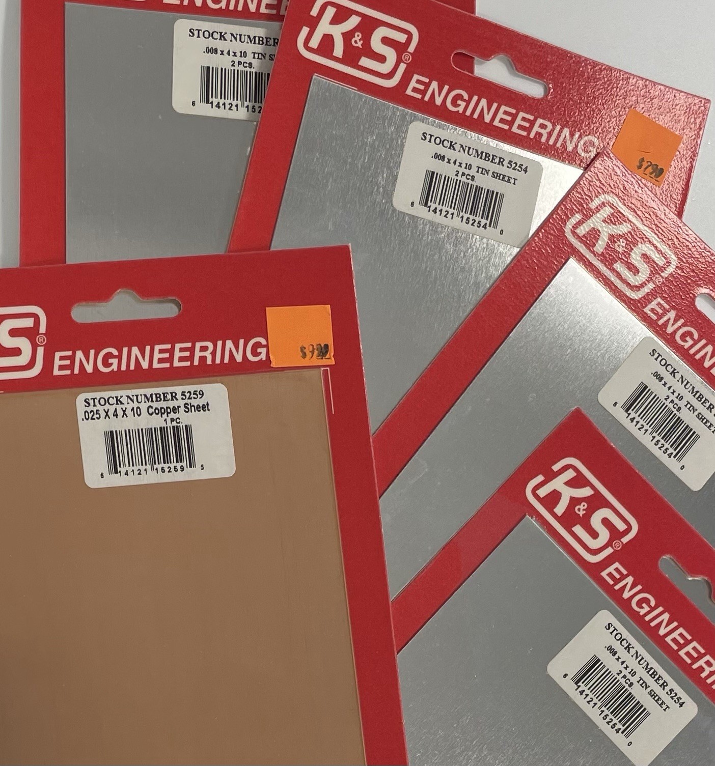 K&S Engineering 1 Copper Sheet .025x4x10 and 4 Tin Sheets .008x4x10” Lot Of 5
