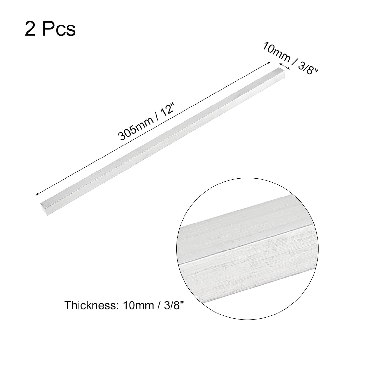 2 Pcs Square Aluminum Flat Bar, 3/8″ (10Mm) Thick X 3/8″ (10Mm) Width X 12″ (305