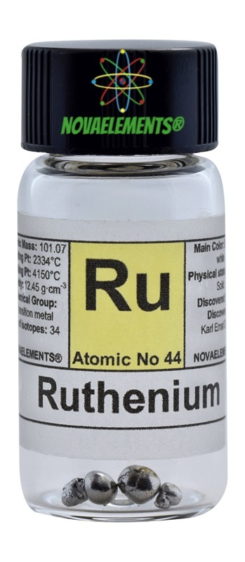 Ruthenium metal element sample 0.5 gram shiny pellet 99.9% in labeled glass vial