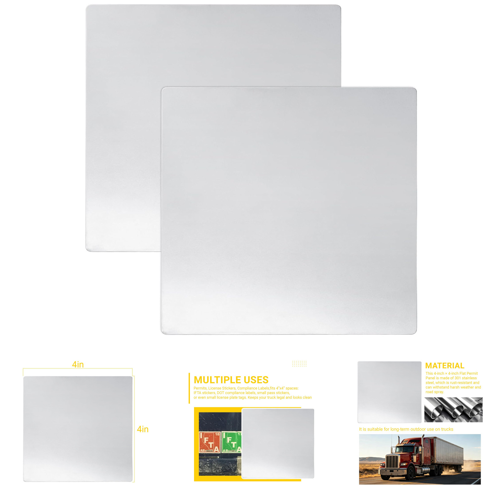 4 Inch by 4 Inch Stainless Steel Flat Permit Panel 301 No Drill Adhesive Mount