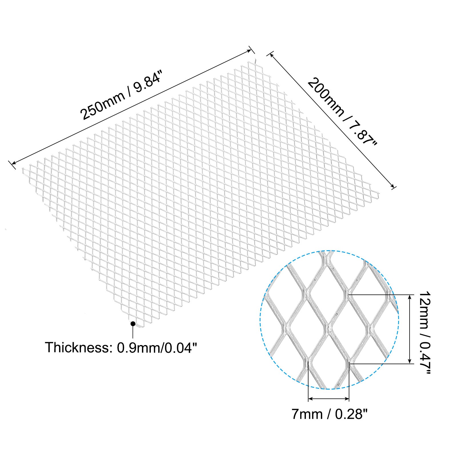 7.8″L x 9.8″W Universal Car Grill Mesh, 7x12mm Diamond Hole, Silver Tone
