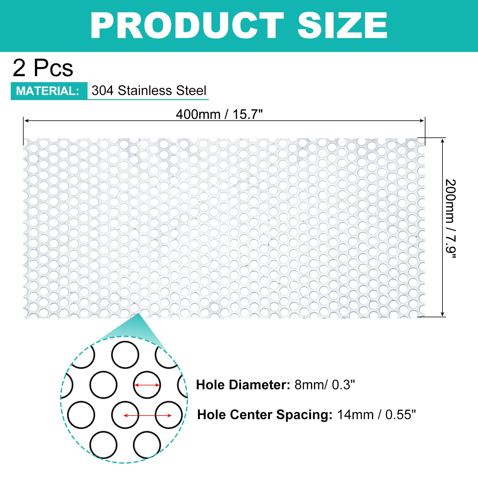 2Pcs 20GA 15.7″ x 7.9″ Round Hole 304 Stainless Steel Perforated Sheet