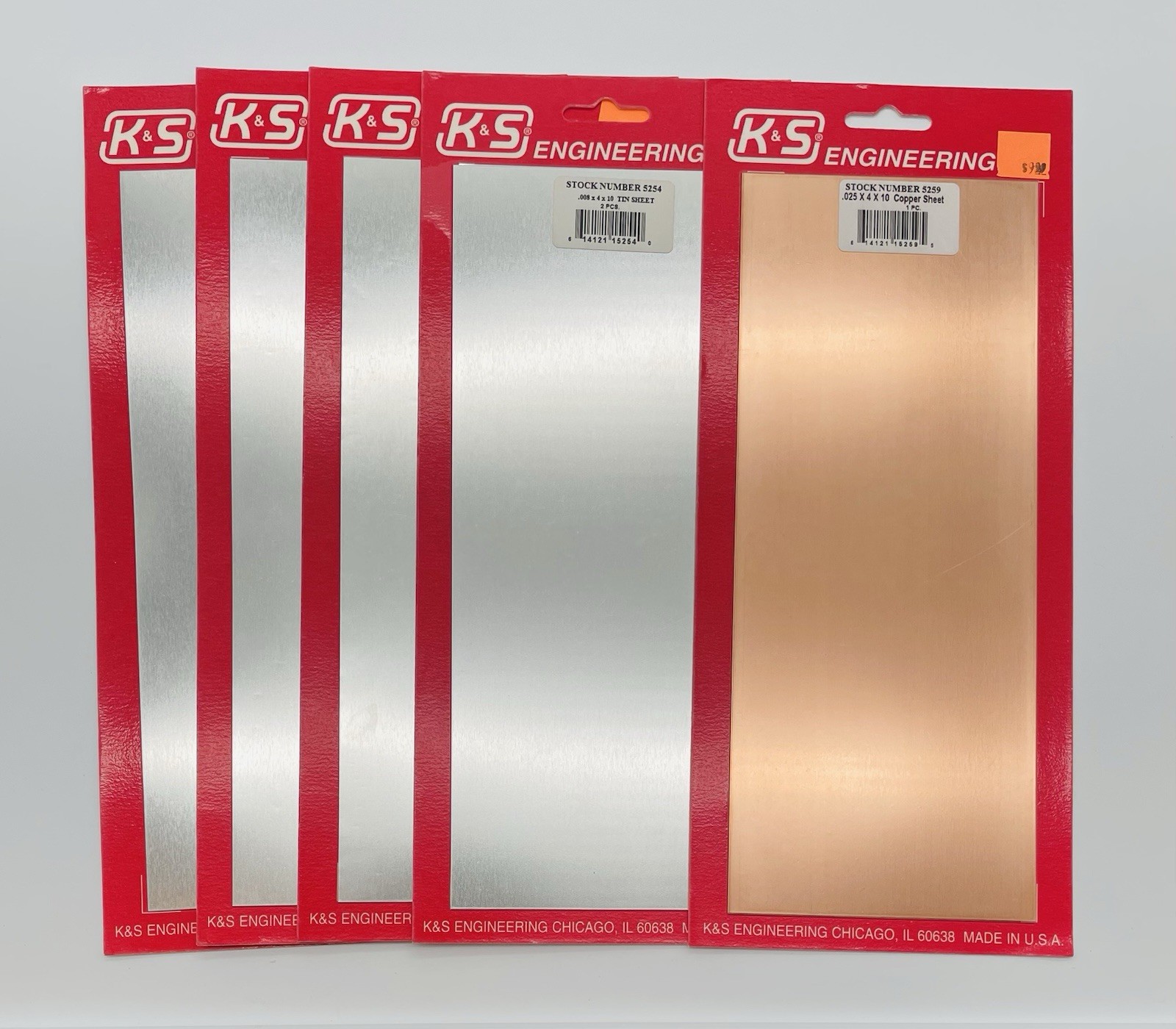 K&S Engineering 1 Copper Sheet .025x4x10 and 4 Tin Sheets .008x4x10” Lot Of 5