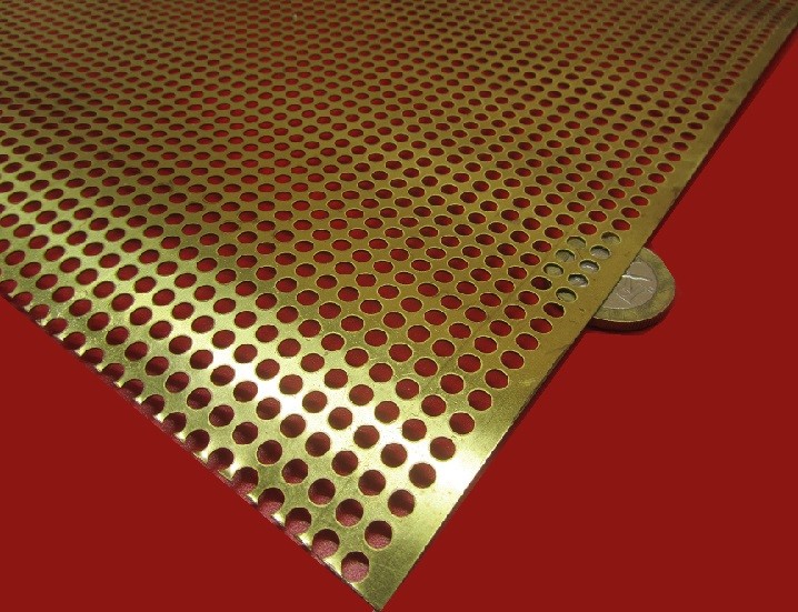 Brass Perforated Extra Thin Sheet, .016″ Thick x 24″ x Per Ft”, .138″ Hole Dia.