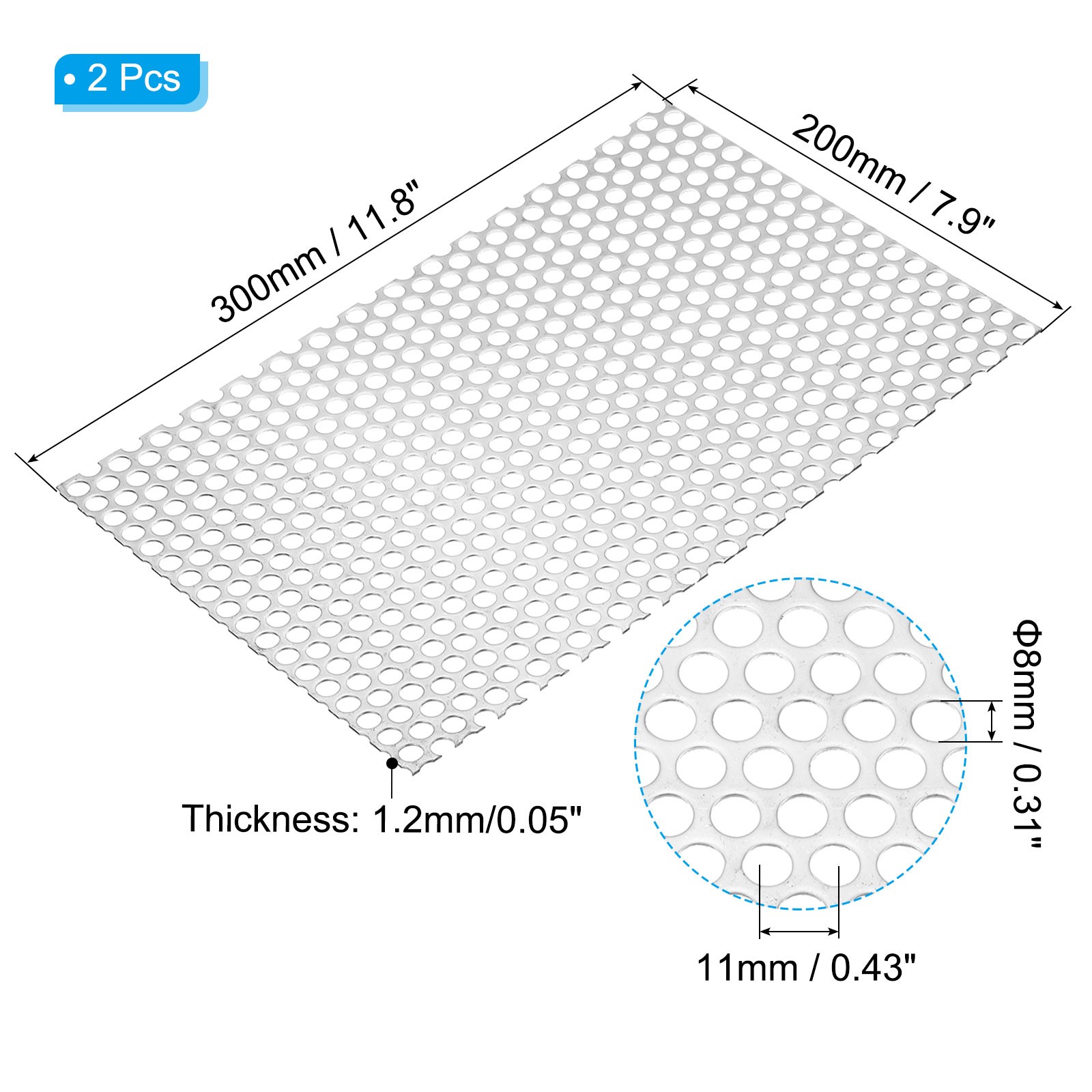 11.8″L x 7.9″W Perforated Metal Sheets, 2pcs 16Ga 0.31″ Hole 304 Stainless Steel