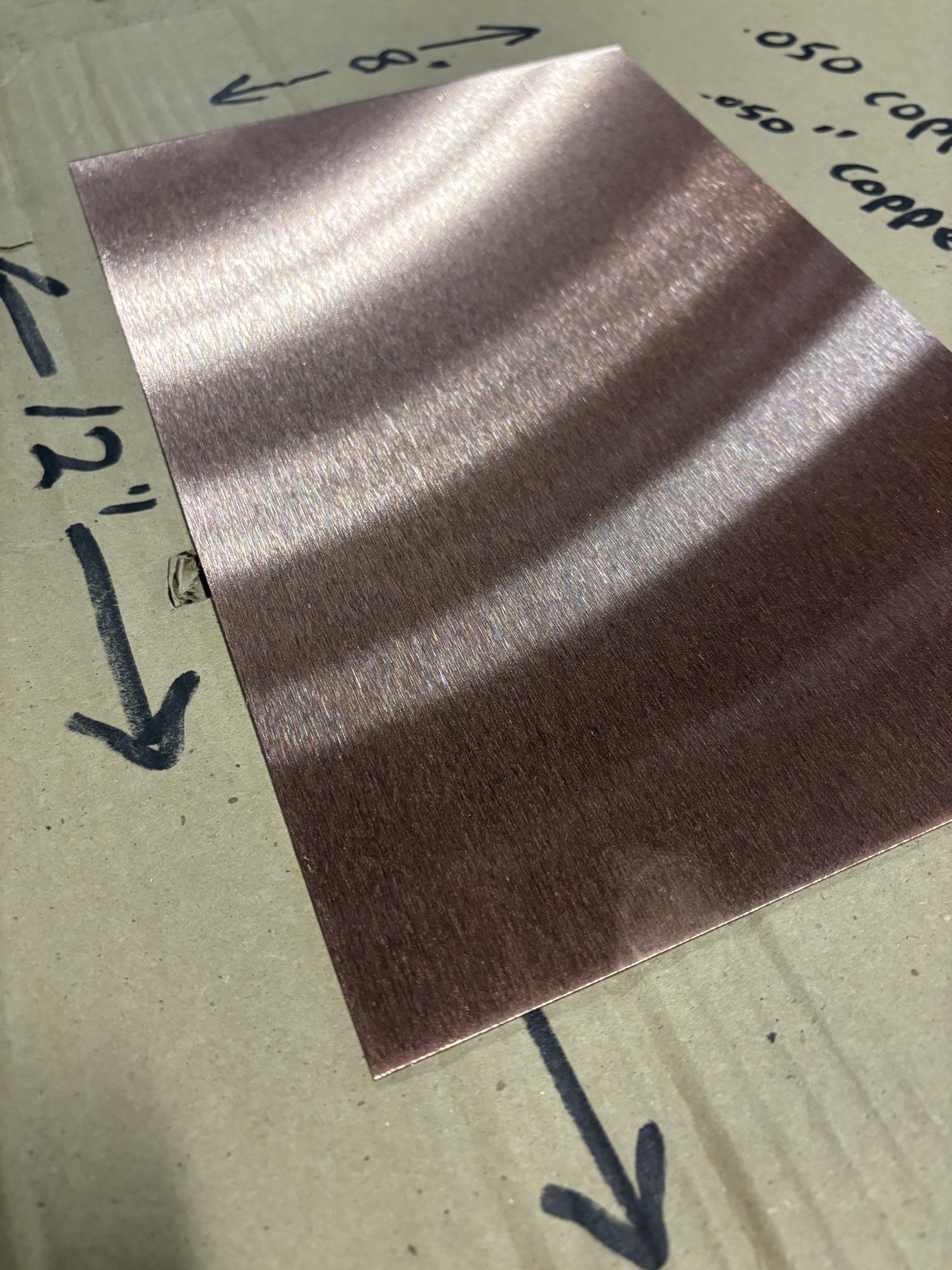 .050” Thick Copper Sheet Metal 8” x 12” Brushed 120 Grit Finish – New