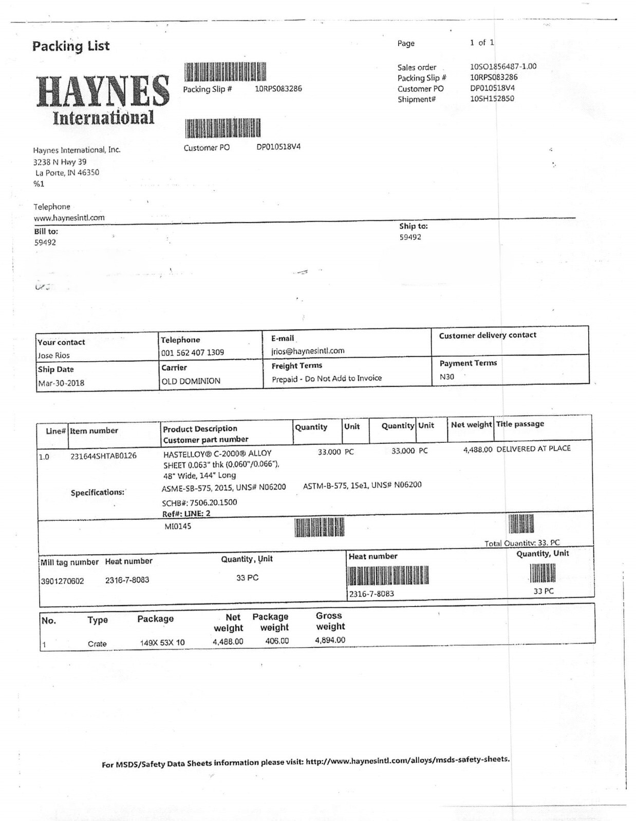 HAYNES INTERNATIONAL HASTELLOY C-2000 ALLOY SHEET METAL .063 X 48″ X 144″ CERTS