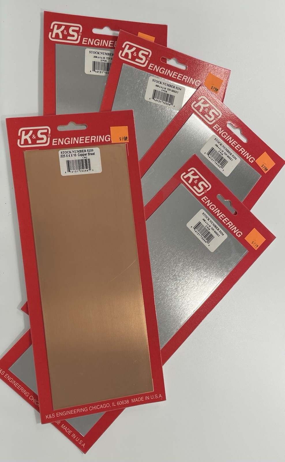 K&S Engineering 1 Copper Sheet .025x4x10 and 4 Tin Sheets .008x4x10” Lot Of 5