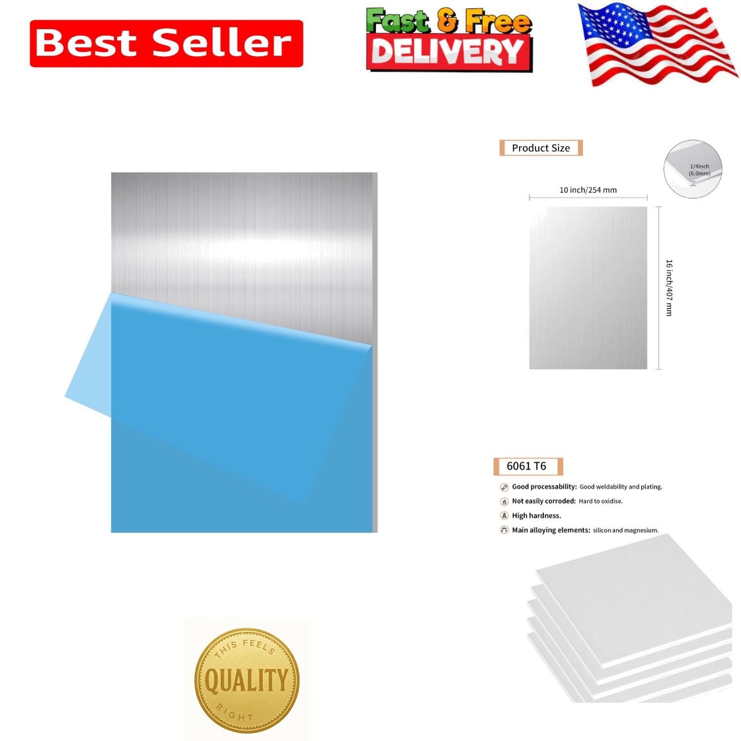 Smooth Surface 6061 Aluminum Sheet 1/4″ x 10″ x 16″ – High Quality for Crafts