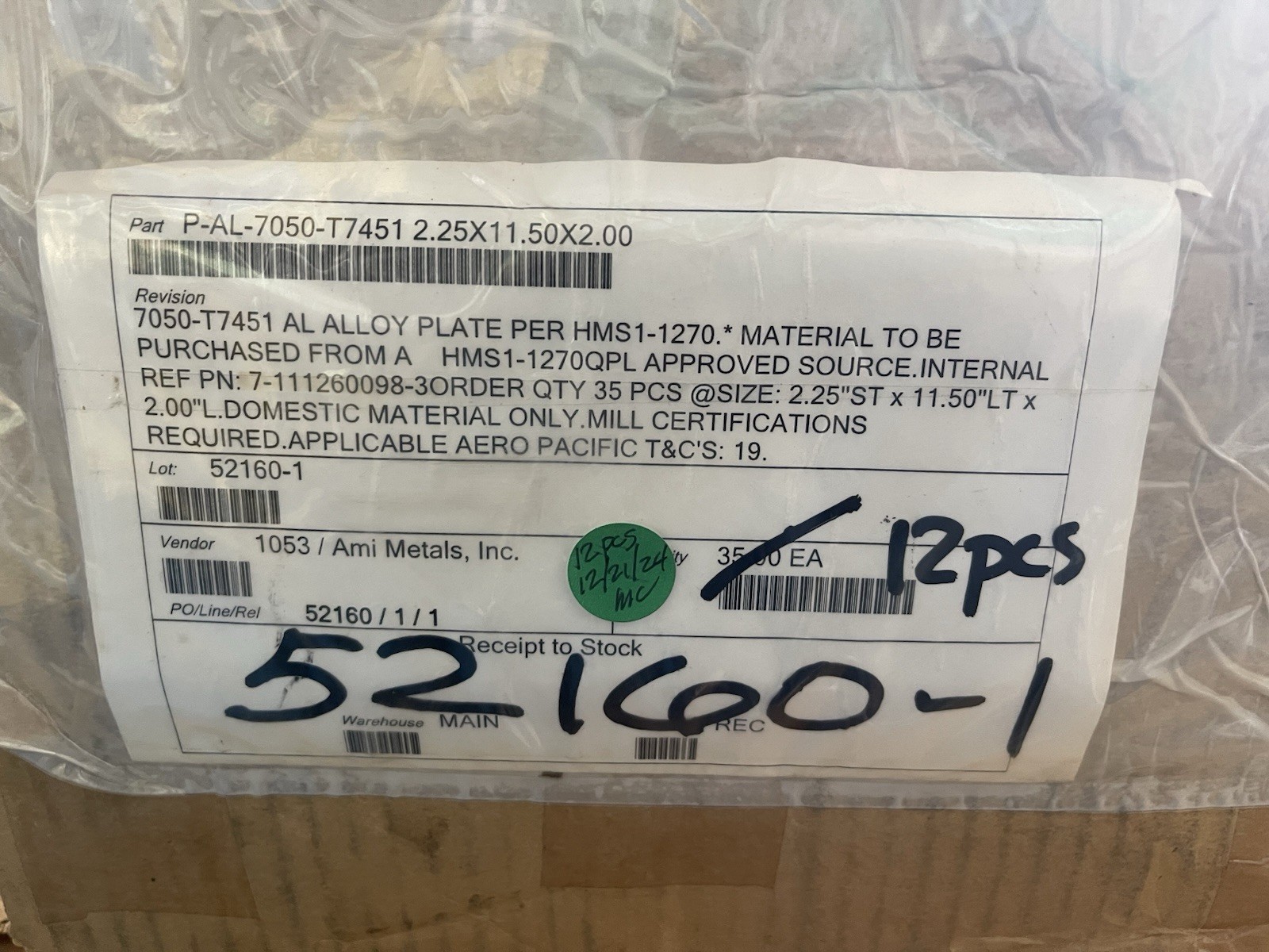 2.250″ Aluminum 7050-T7451 Plate 2.250″x11.500″x2.00″w/Certs Qty. 1 (25JN57)