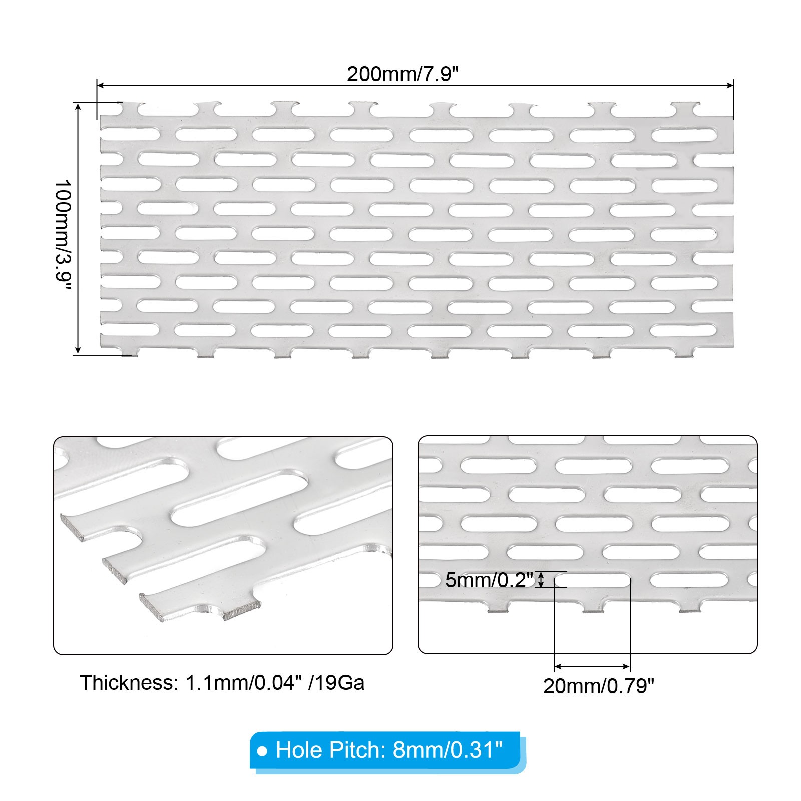 7.9″ x 3.9″ Perforated Metal Sheets, 19Ga 0.24″ Oval Hole Mesh