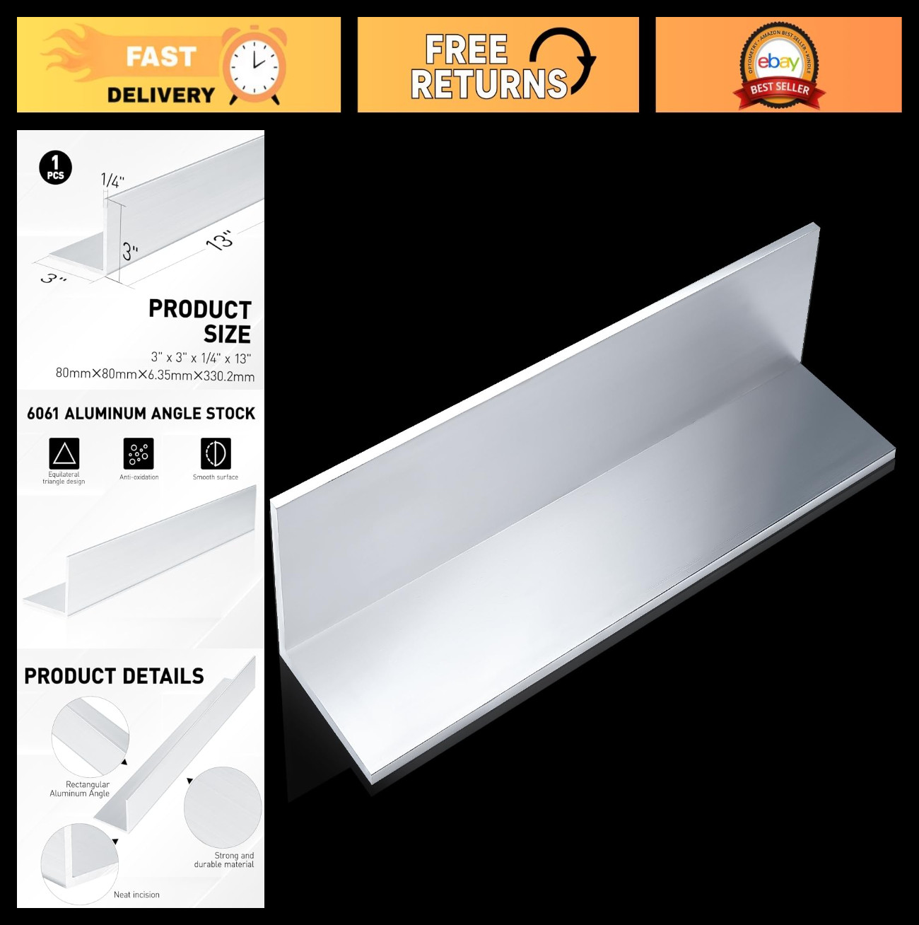 “13 Inch Aluminum Angle 6061 – 3×3 Inch, 1/4 Inch Thick L Channel Mill Stock”