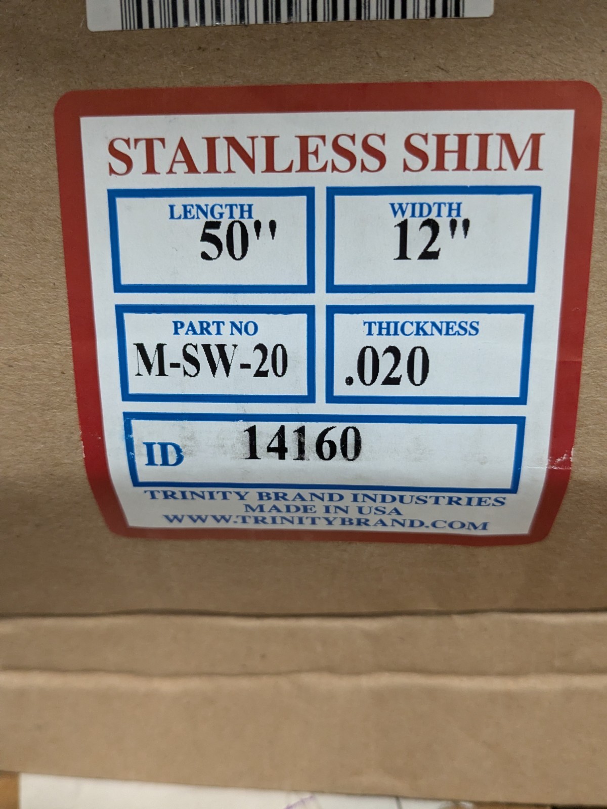 Trinity Metal Shim Stock: Roll, 0.0200" Thick, 50" L, 12" W, 302