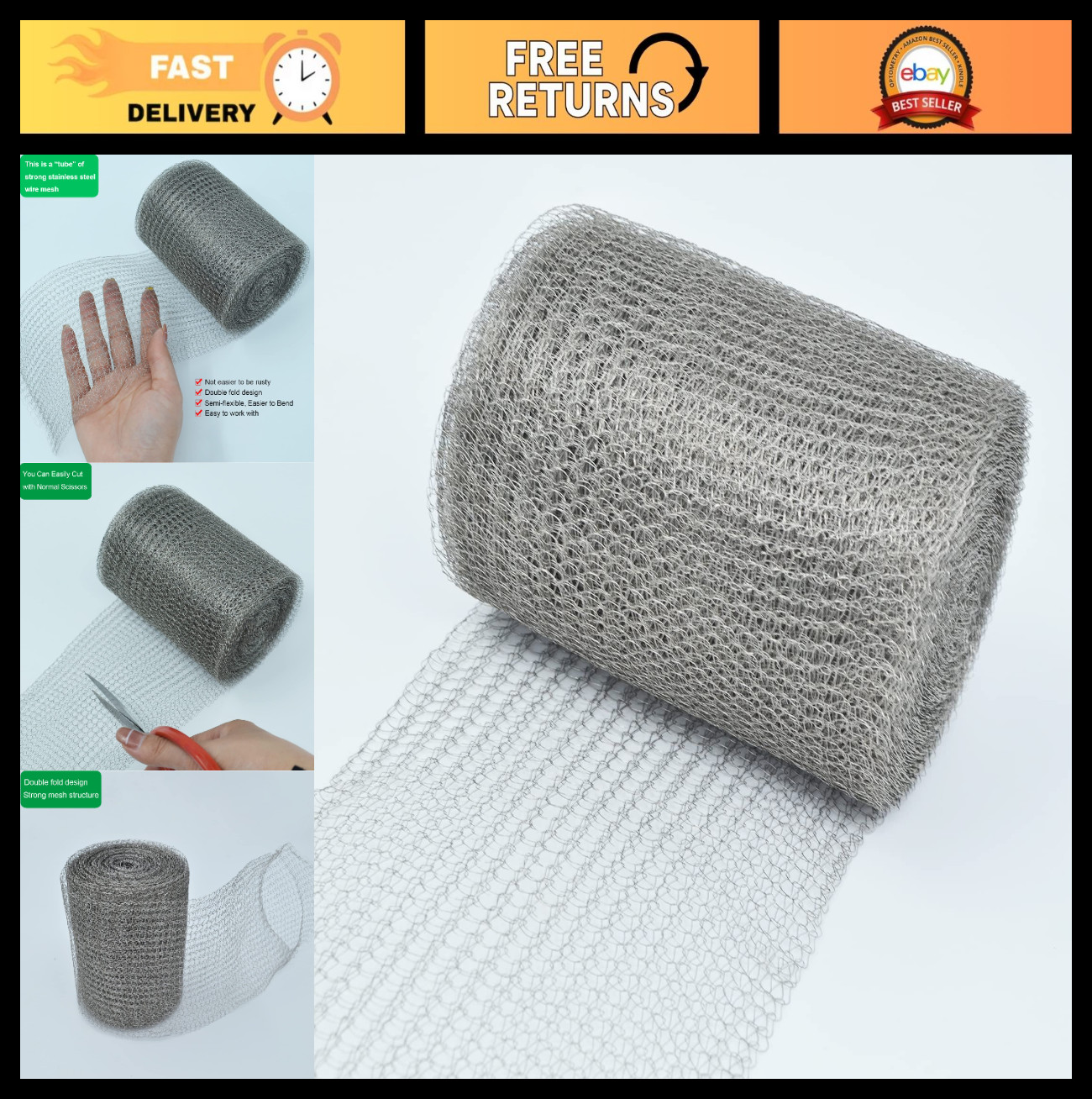 5″ x 50FT Stainless Steel Wire Mesh Roll, Flexible Gap Blocker for Garden & DIY