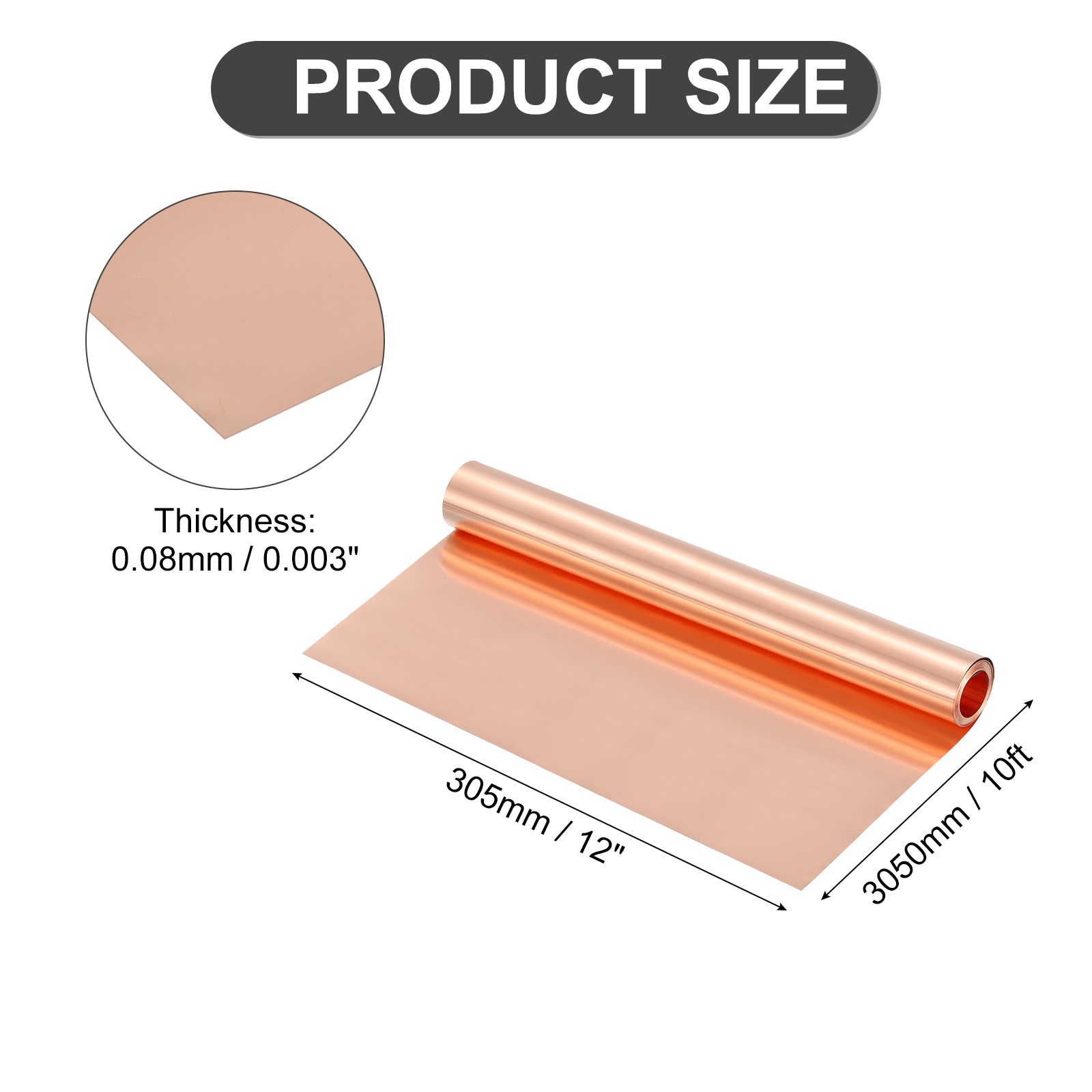 Pure Copper Sheet Roll, 0.08mm 25Ga Thick T2 10Ft x 12in Copper Strip for Craft