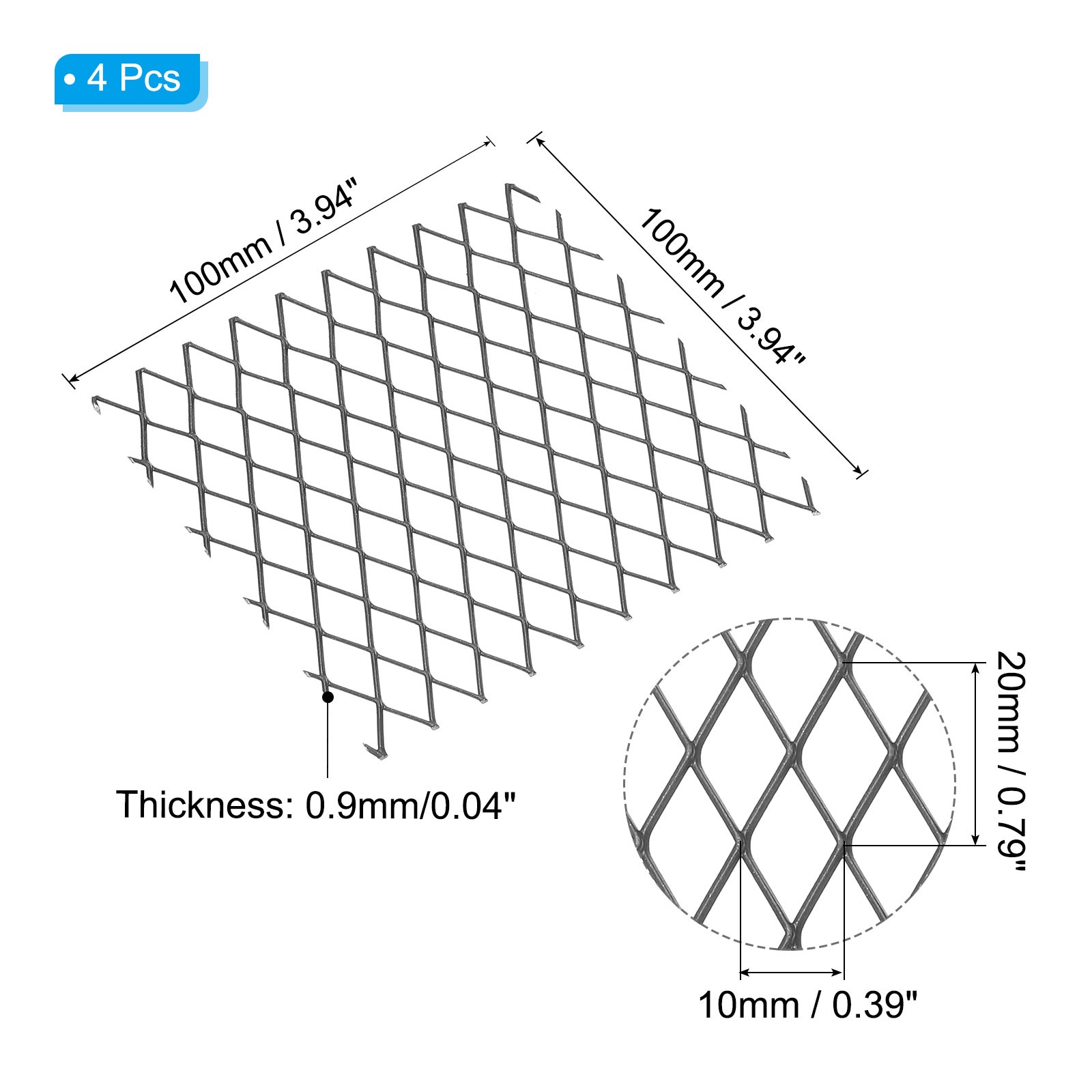 4″L x 4″W Universal Car Grill Mesh, 4Pcs 10x20mm Diamond Hole, Black
