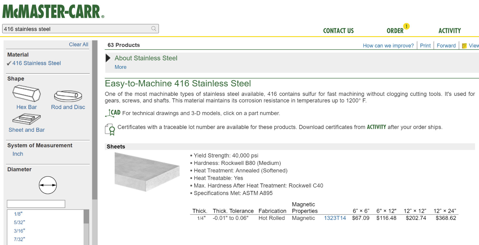 416 Stainess steel flat sheet stock – .25 x 12 x 48 – machining CNC