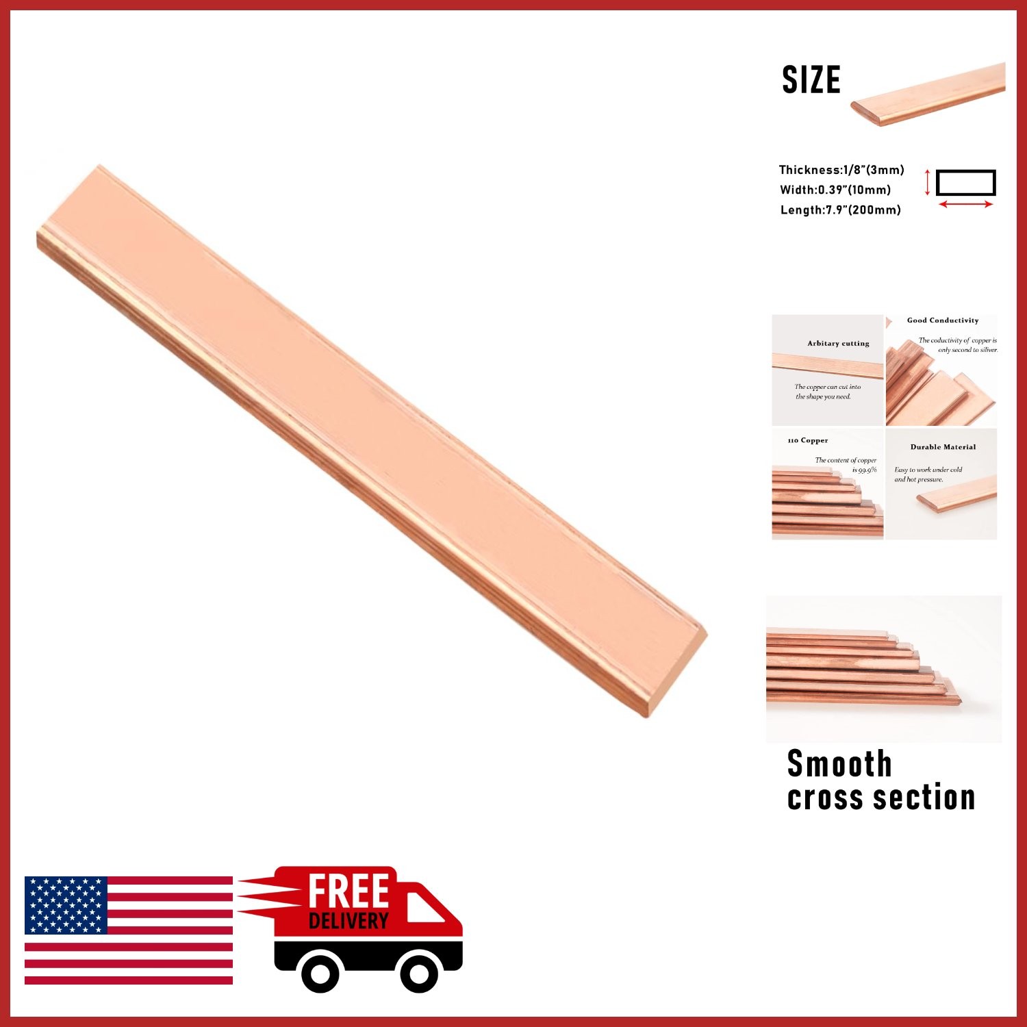 Copper Bar Stock 1/8″ x 0.4″ x 8″ for Power Distribution and Metal Smelting