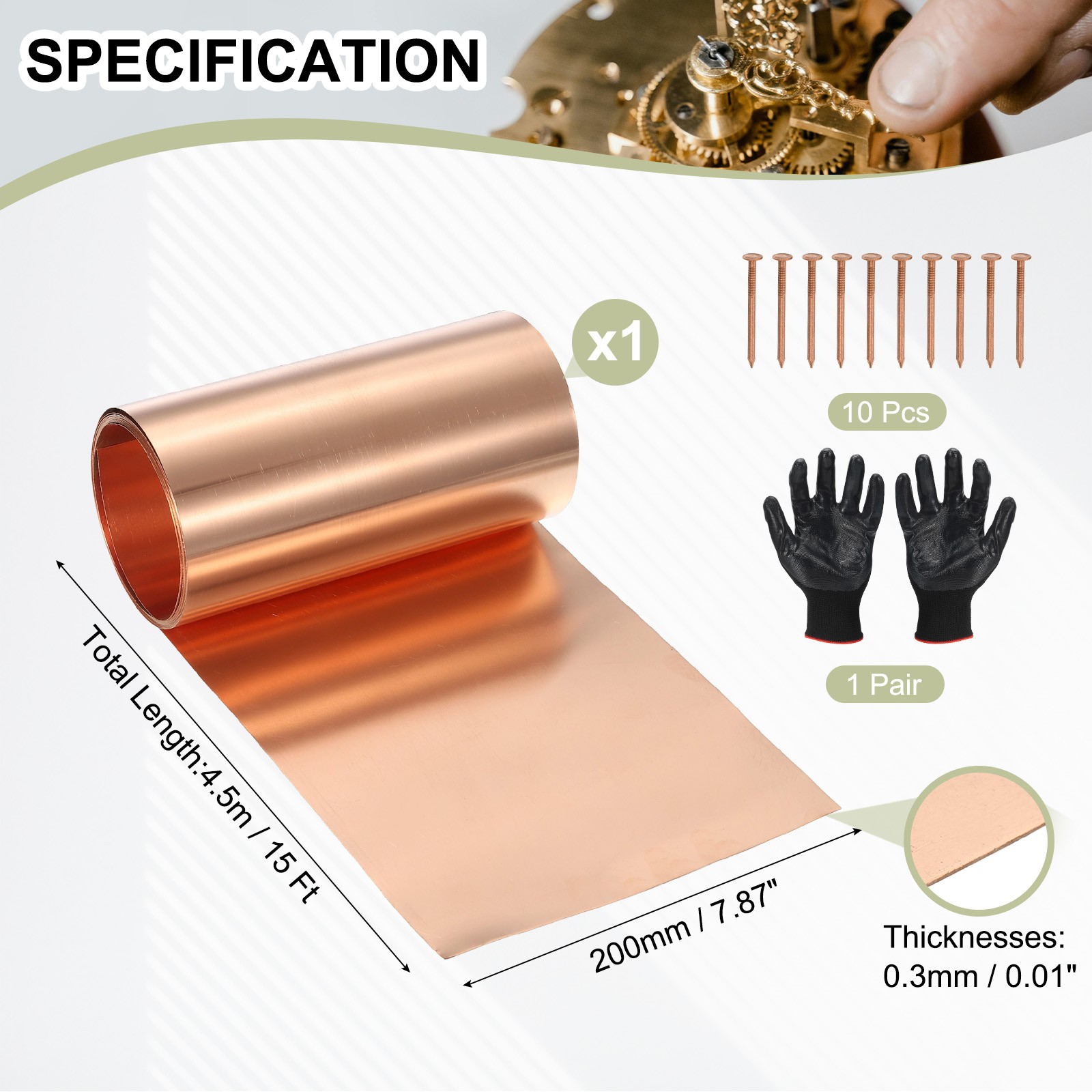 Copper Sheet Roll 7.9″ x 15 Ft 28 Gauge(0.3mm) Thickness DIY (1 Pack, Copper)