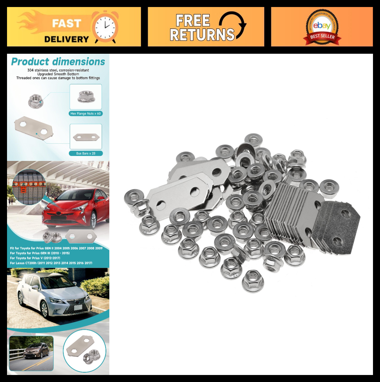 Hybrid Battery Copper Bus Bars & Stainless Steel Nuts Set for Toyota Prius V, CT