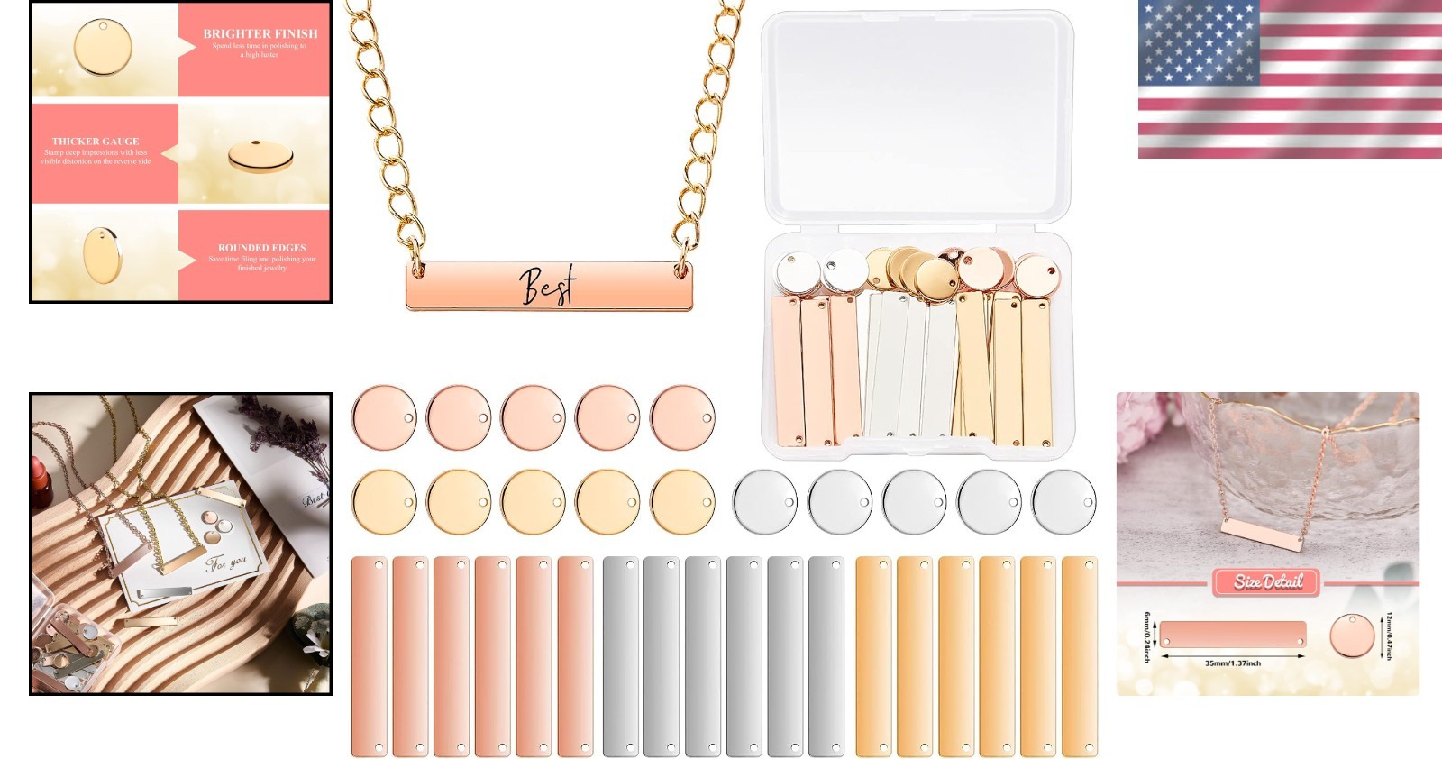 Gold, Silver, and Rose Gold Metal Stamping Blanks – 30 Pcs Engravable Pendants