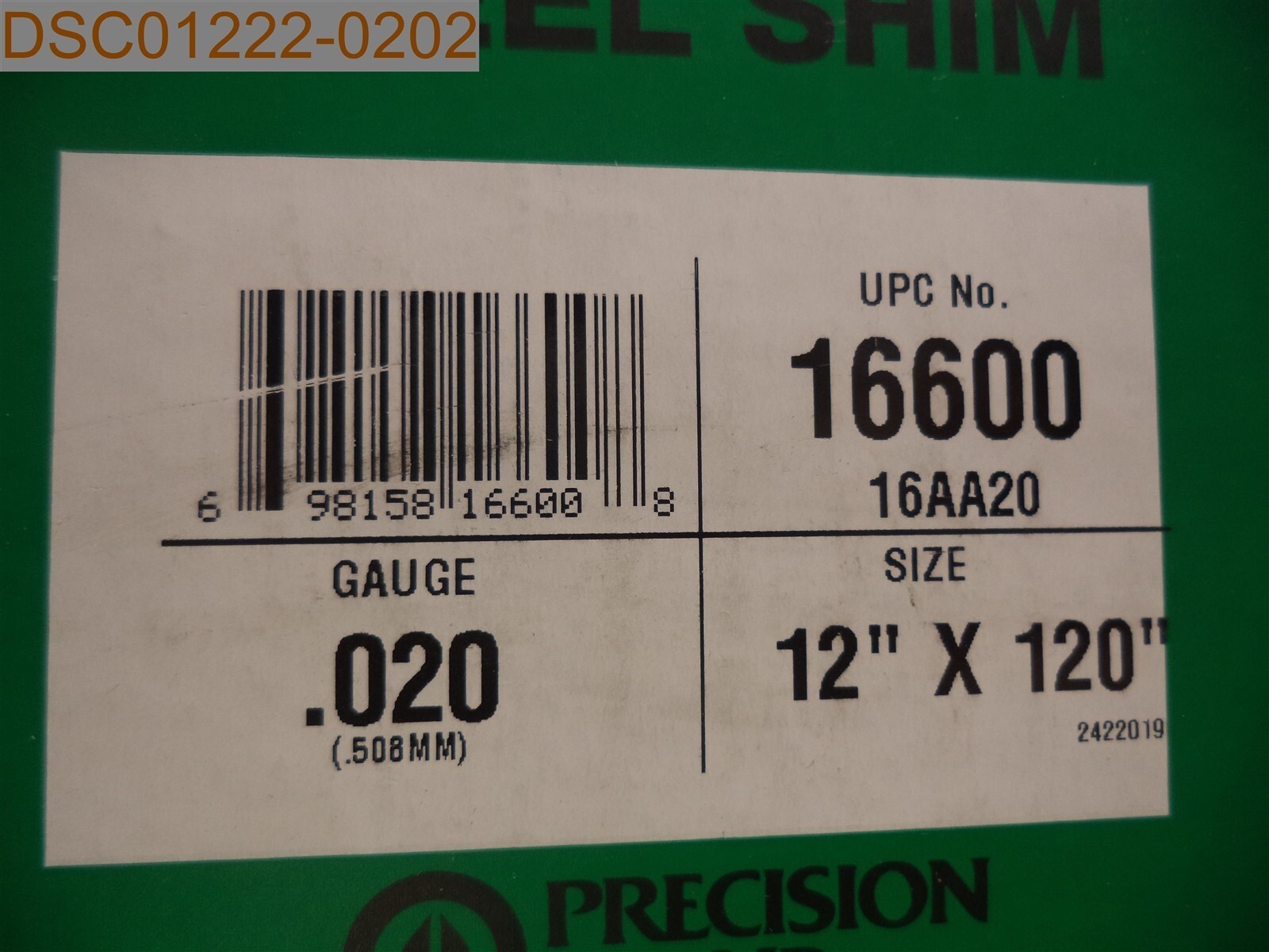 Precision Brand Steel Shim 16600, .020 Gauge, 12″ x 120″, 16AA20, 698158166008
