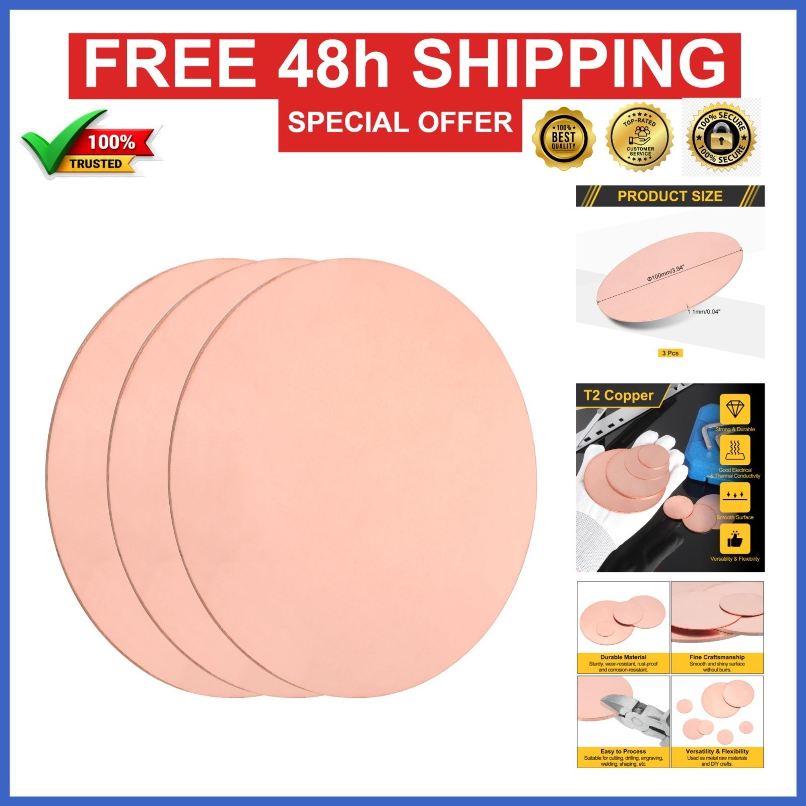 uxcell Copper Round Plate T2 0.04″ Thick 4″ Diameter 3Pcs