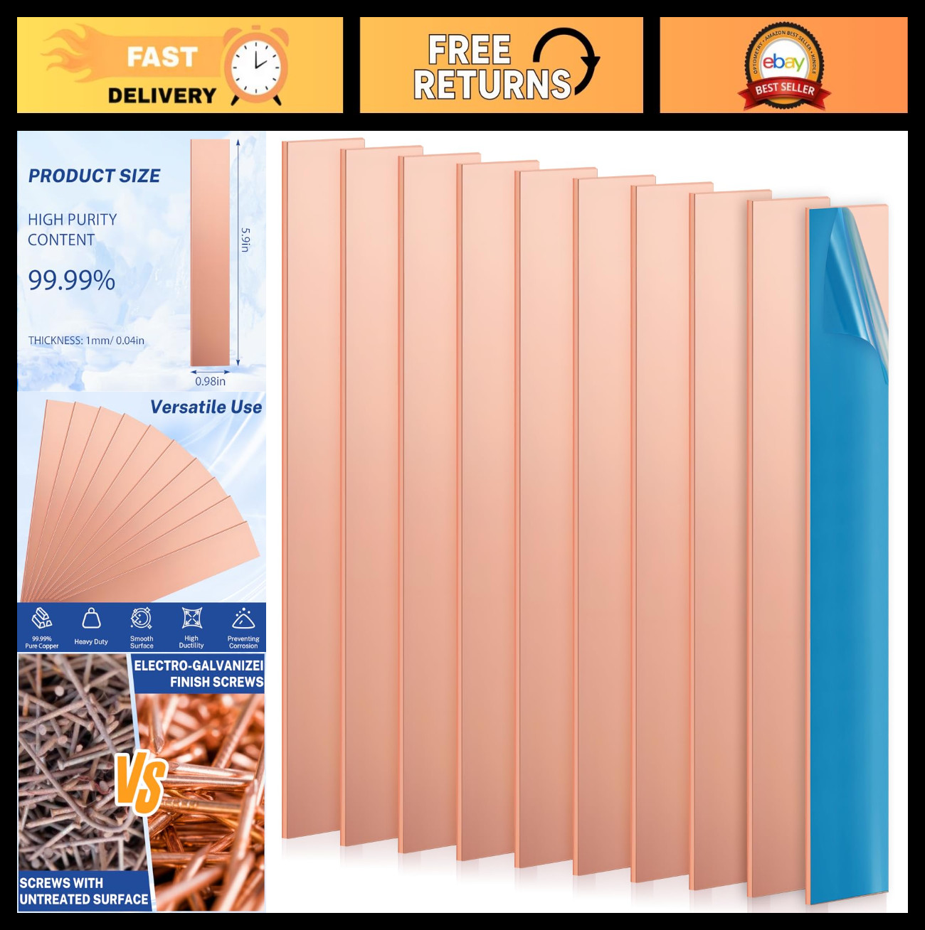 10 Pcs Pure Copper Anode Strips 5.9″x0.98″x0.04″ for Electroplating & DIY Jewelr
