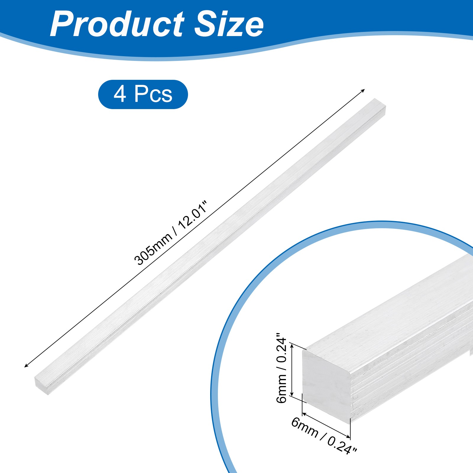 4Pcs Square 6063 Aluminum Flat Bar 1/4″ Thickness 1/4″ Width 12″ Length