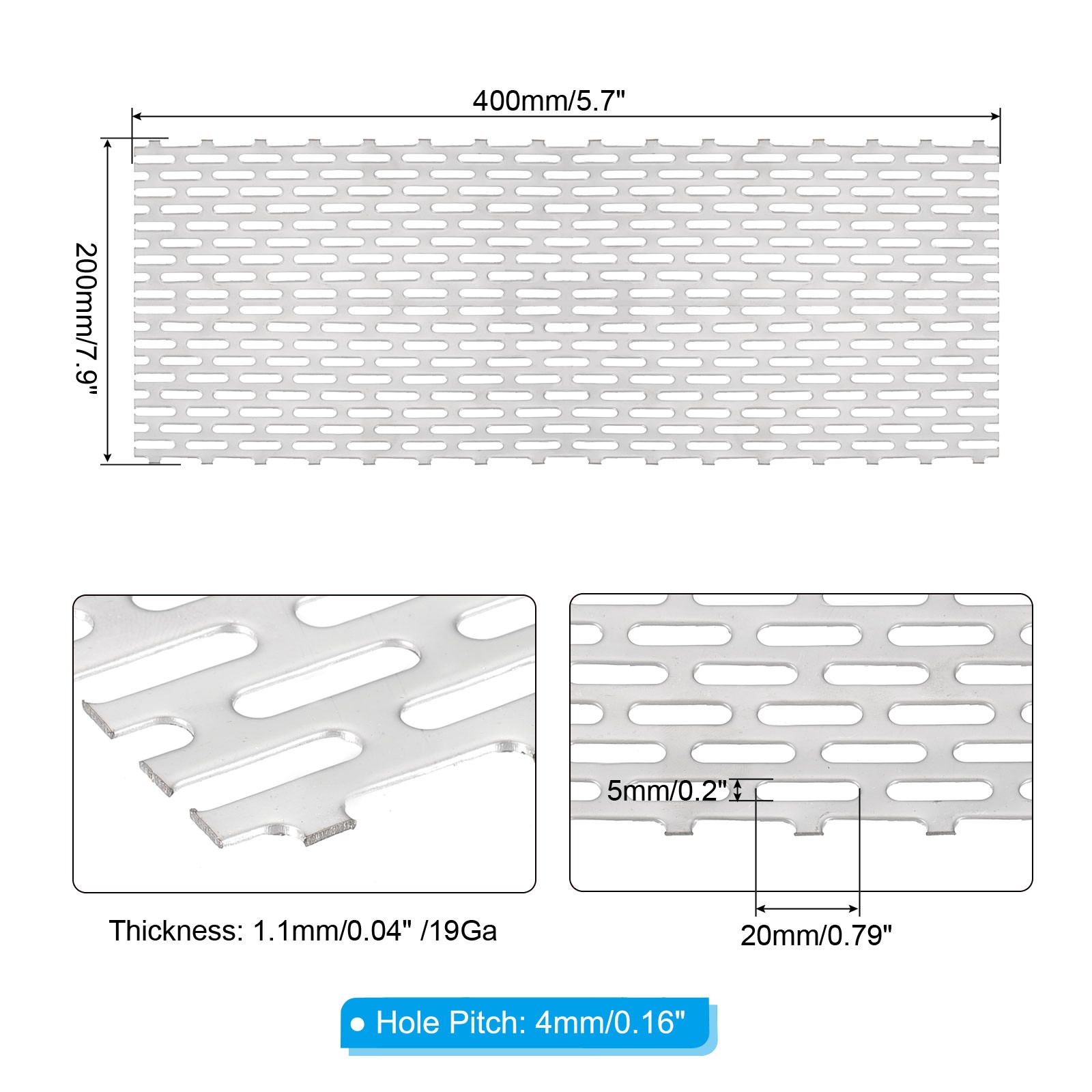 15.7″ x 7.9″ Perforated Metal Sheets, 19Ga 0.2″ x 0.79″ Oval Hole Mesh