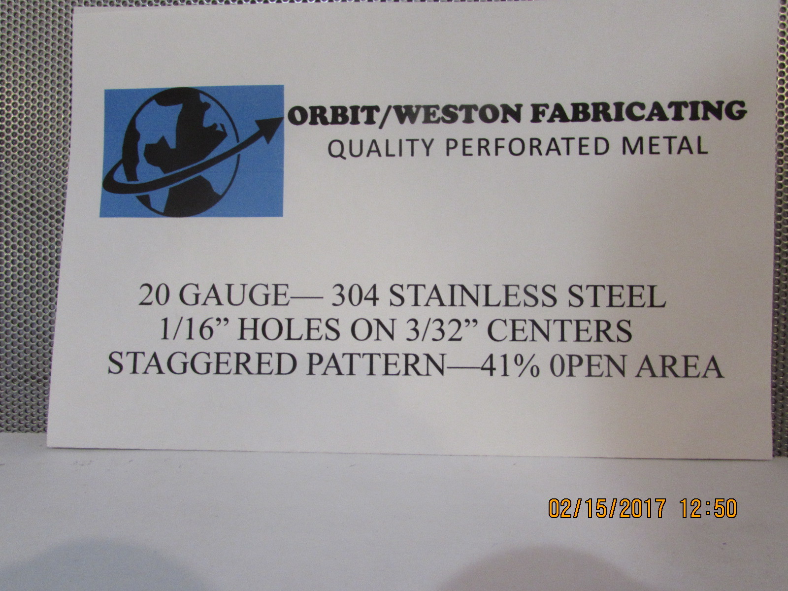 1/16 HOLES ON 3/32 CENTERS-20 GAUGE-304 STAINLESS STEEL–5-1/4″ X 12″