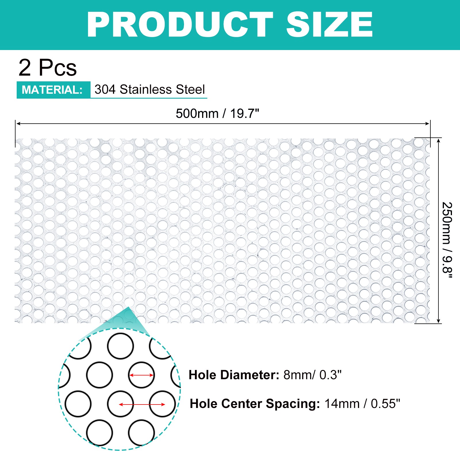 2Pcs 20GA 19.7″ x 9.8″ Round Hole 304 Stainless Steel Perforated Sheet