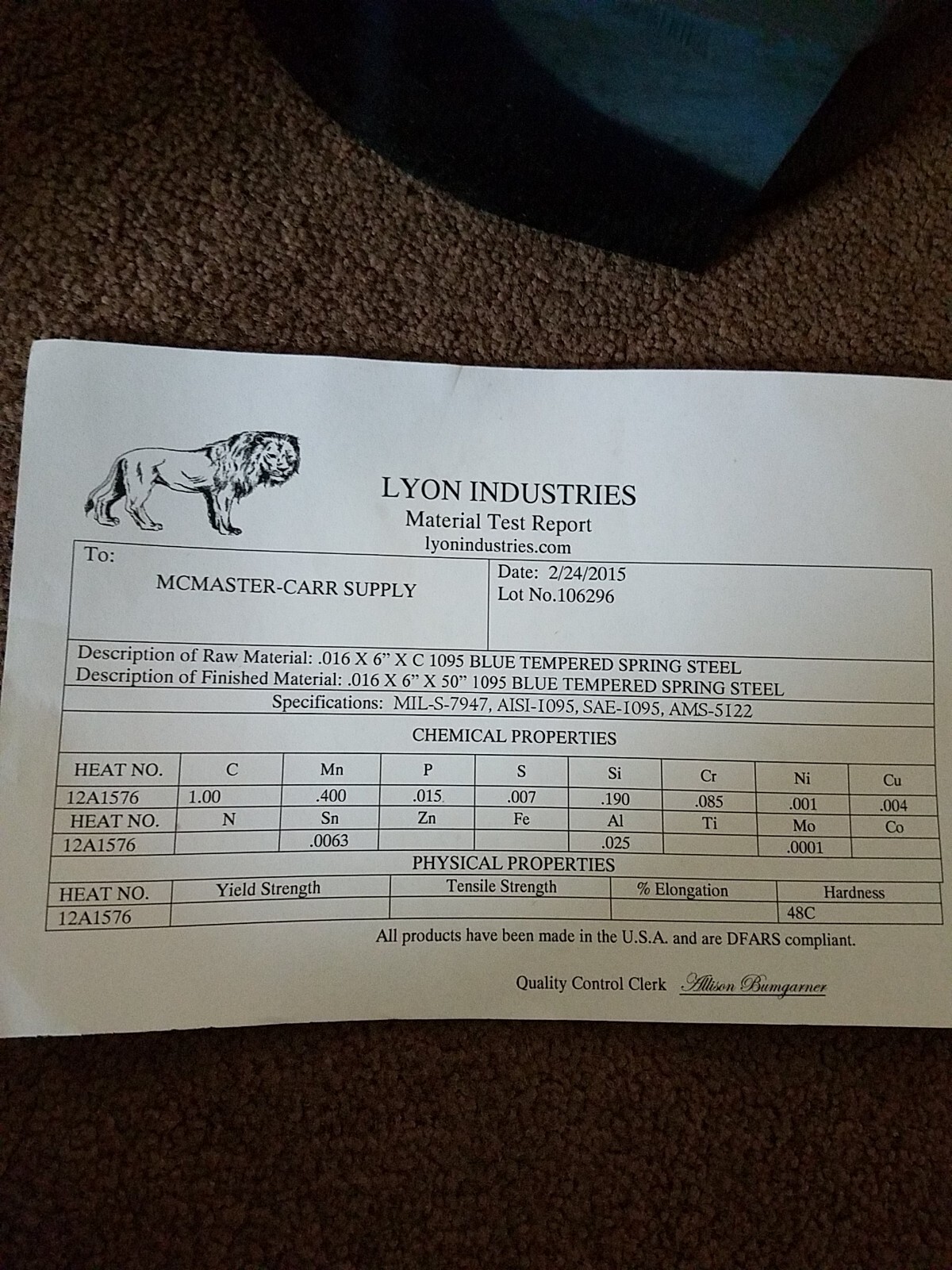 Lyon Industries Blue Tempered Steel Shim Stock 1095, BTS-16, ( .016 X 6″ X50″)