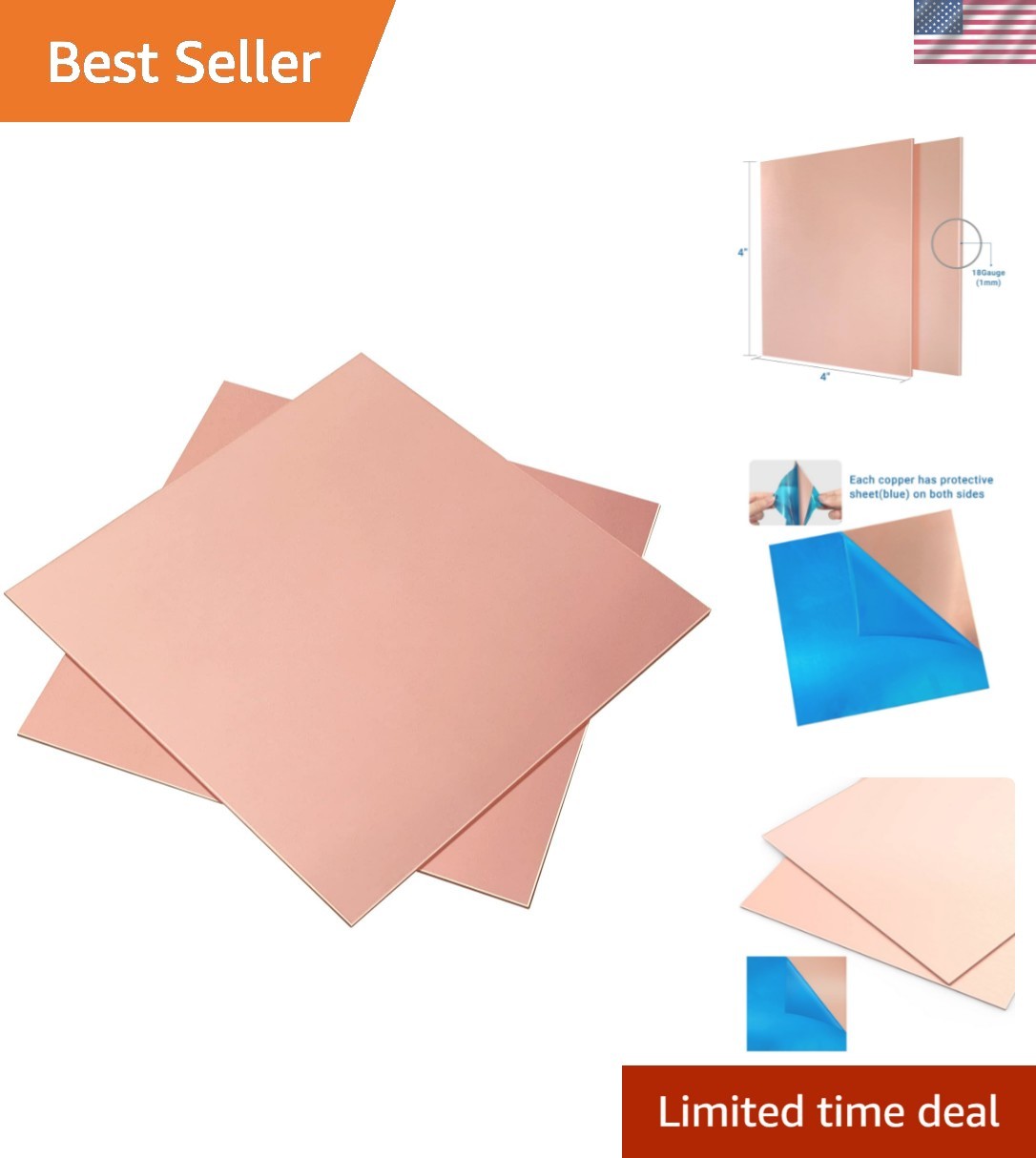 2 Pieces 99.9% Pure Copper Sheet, 4″ x 4″,18 Gauge1mm Thickness, Film Attache…