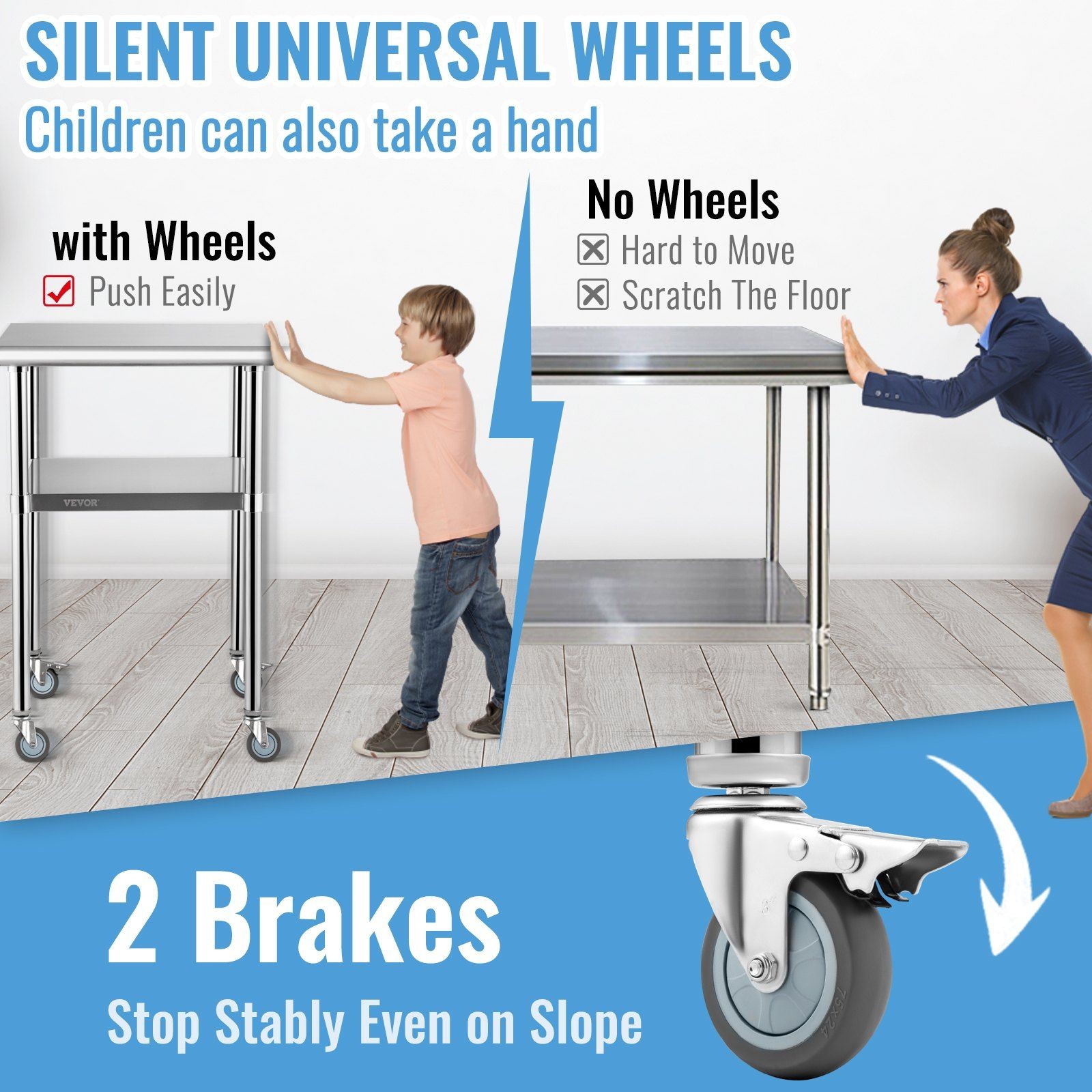 600lb 24x24x36in Stainless Steel Worktable with Adjustable Shelf & Wheels