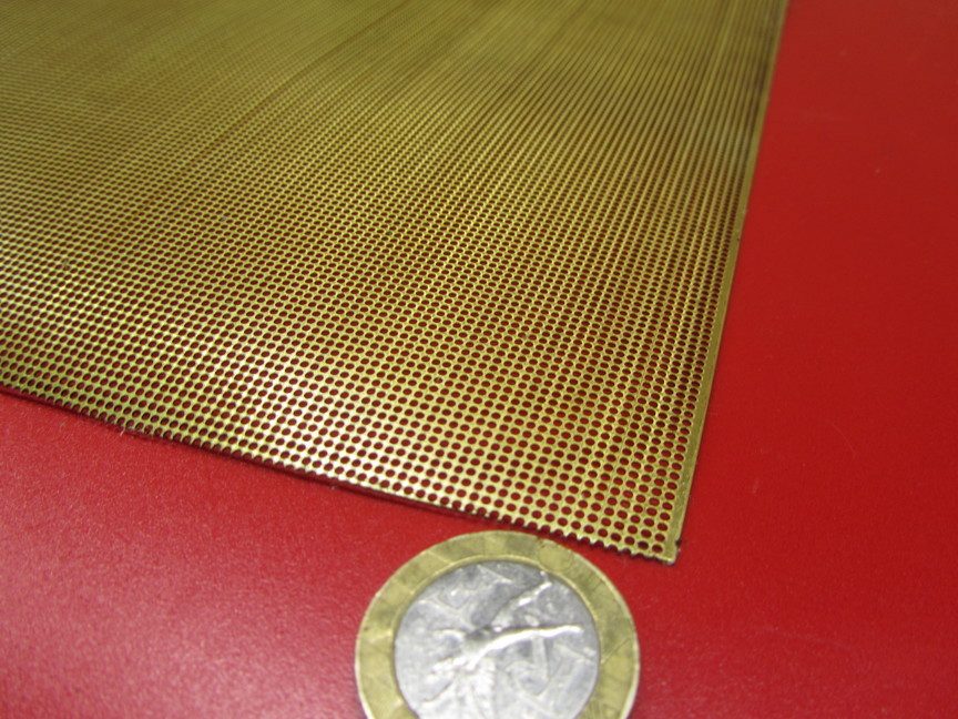 Brass Perforated Extra Thin Sheet, .016″ Thick x 24″ x Per Ft”, .038″ Hole Dia.