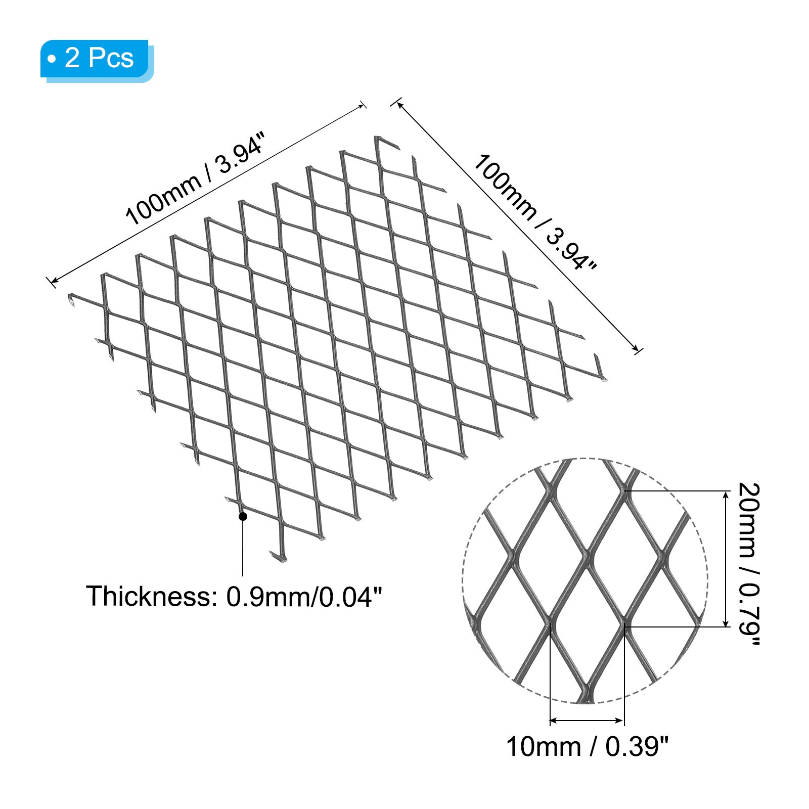 4″L x 4″W Universal Car Grill Mesh, 2Pcs 10x20mm Diamond Hole, Black