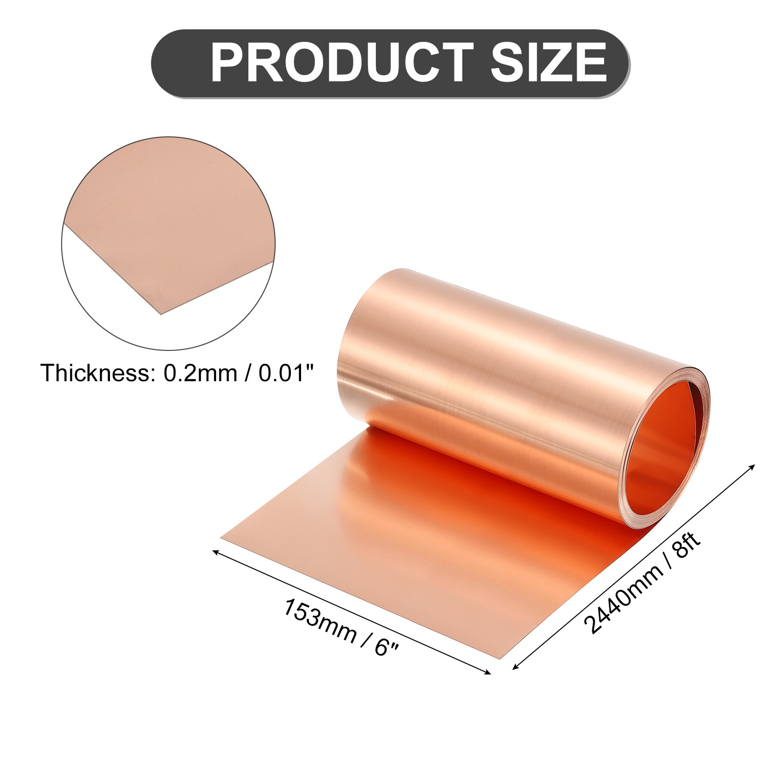 Pure Copper Sheet Roll, 0.2mm 24Ga Thick T2 8Ft x 6in Copper Strip for Craft