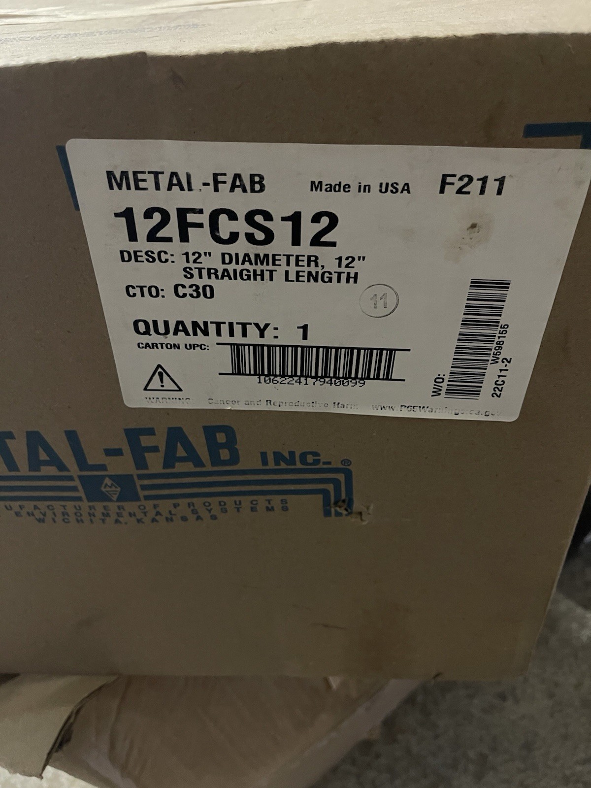 NEW METAL-FAB 12FCS12 12″ DIAMETER, 12″ STRAIGHT LENGTH C30 *FREE SHIPPING*