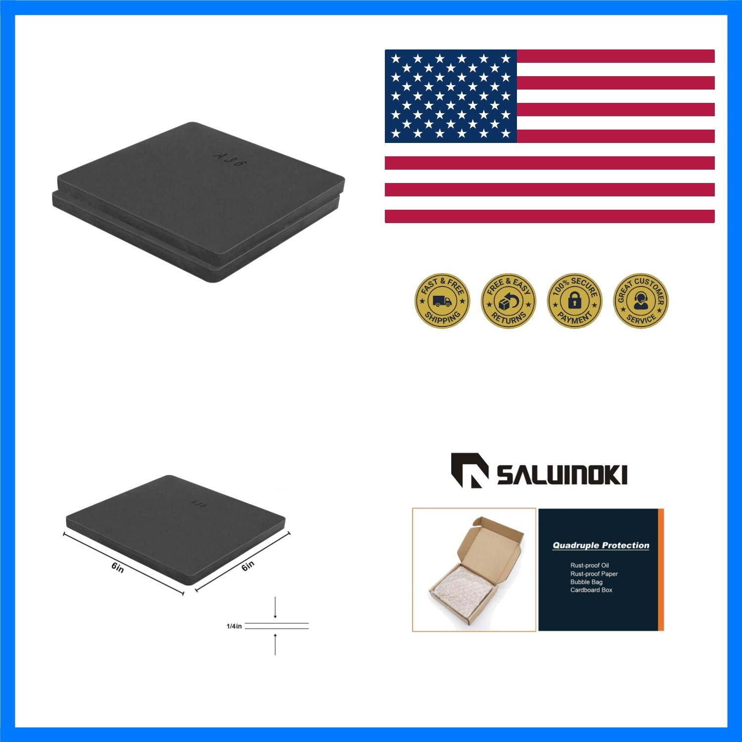 2Pack 1/4 Hot Rolled Steel Plate A36 Steel Sheet 6in x 6in A36 Square Steel