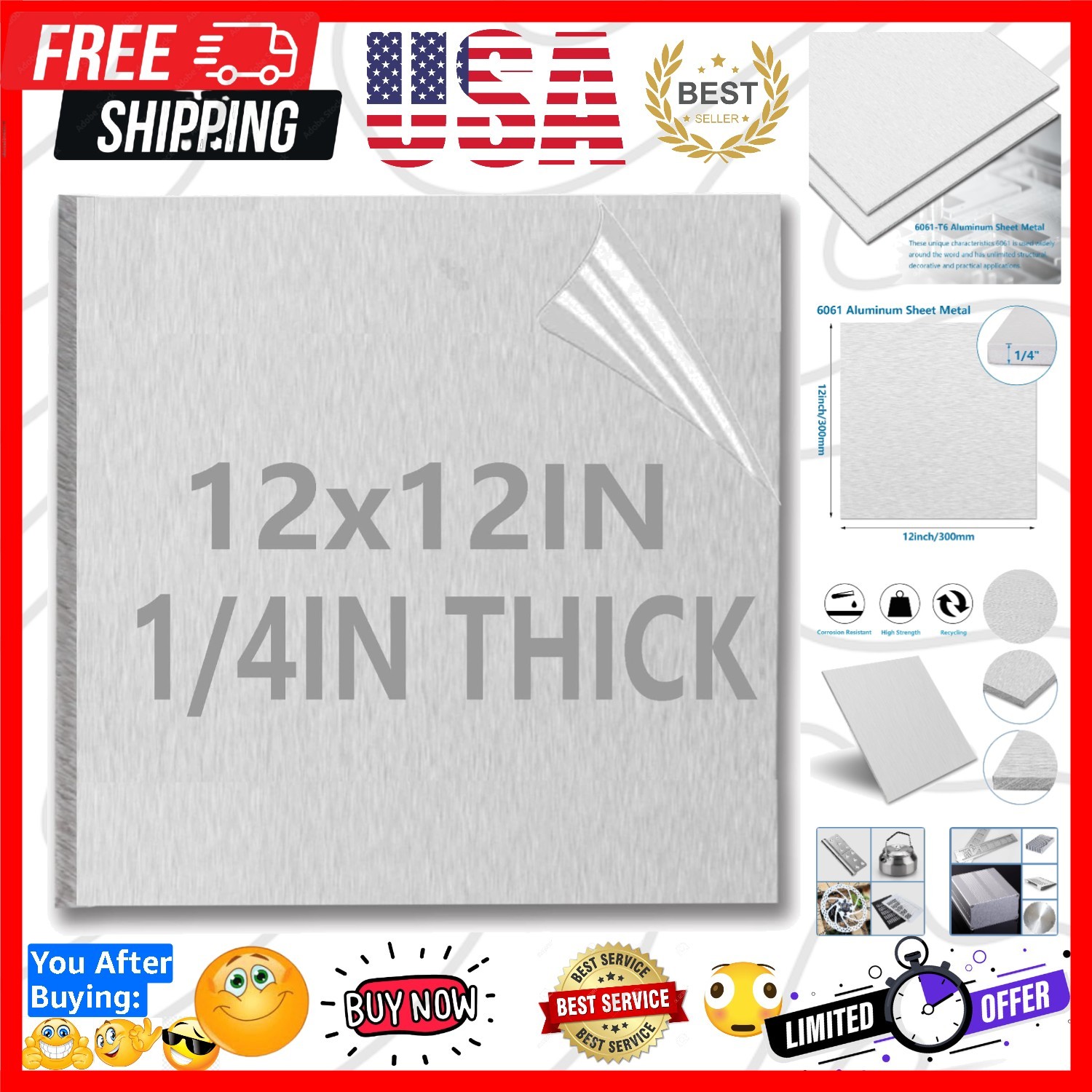 1/4Inch Thick Aluminum Sheets & Plates, 12” x 12”Heavy Duty Aluminum Plates w…
