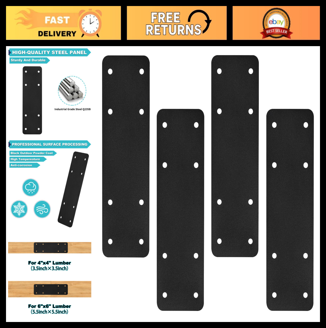 4pcs Steel Flat Plate Connectors 10″x3″ I Shape Bracket Mending Plate for Wood R