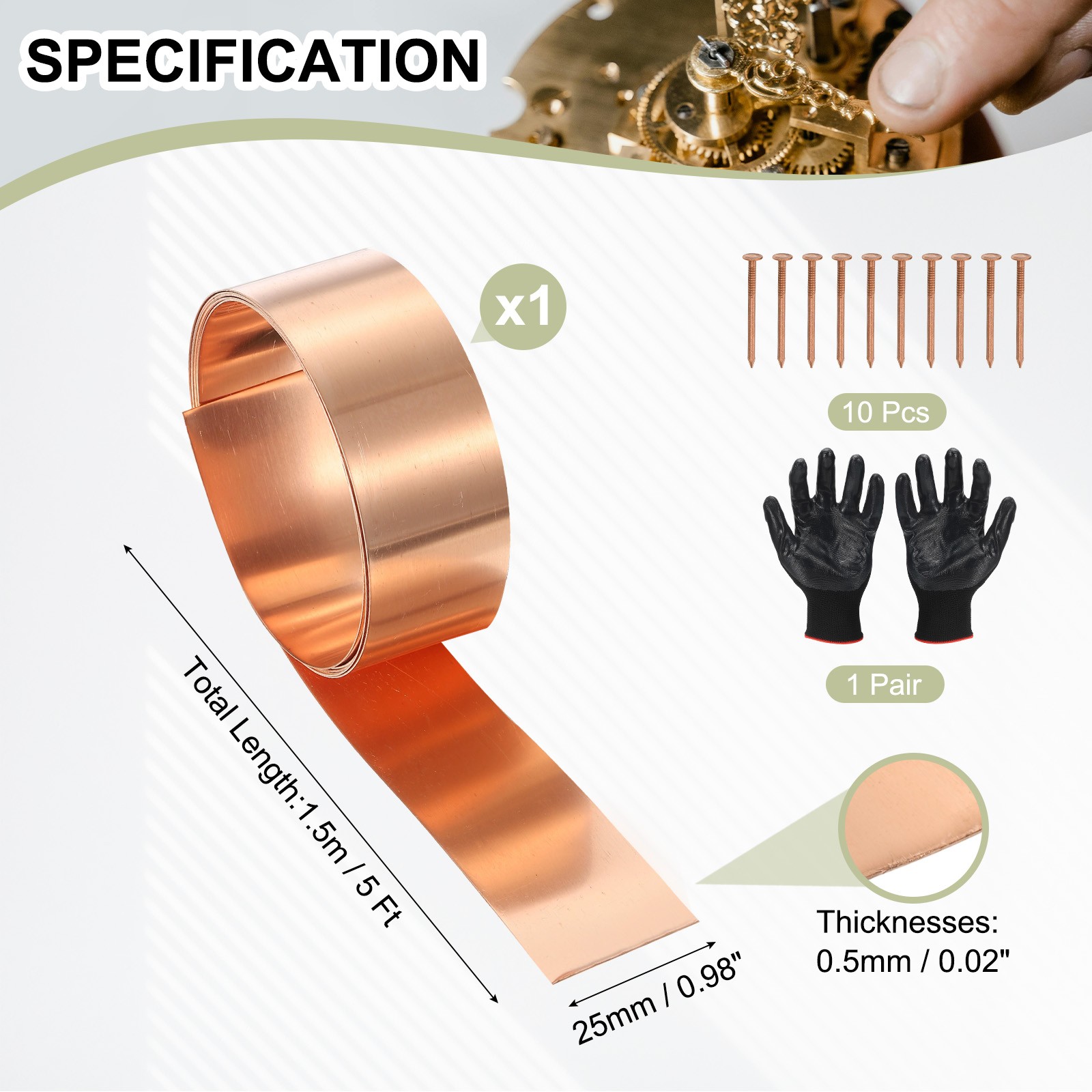Copper Sheet Roll 1″ x 5 Ft 24 Gauge(0.5mm) Thickness DIY (1 Pack, Copper)