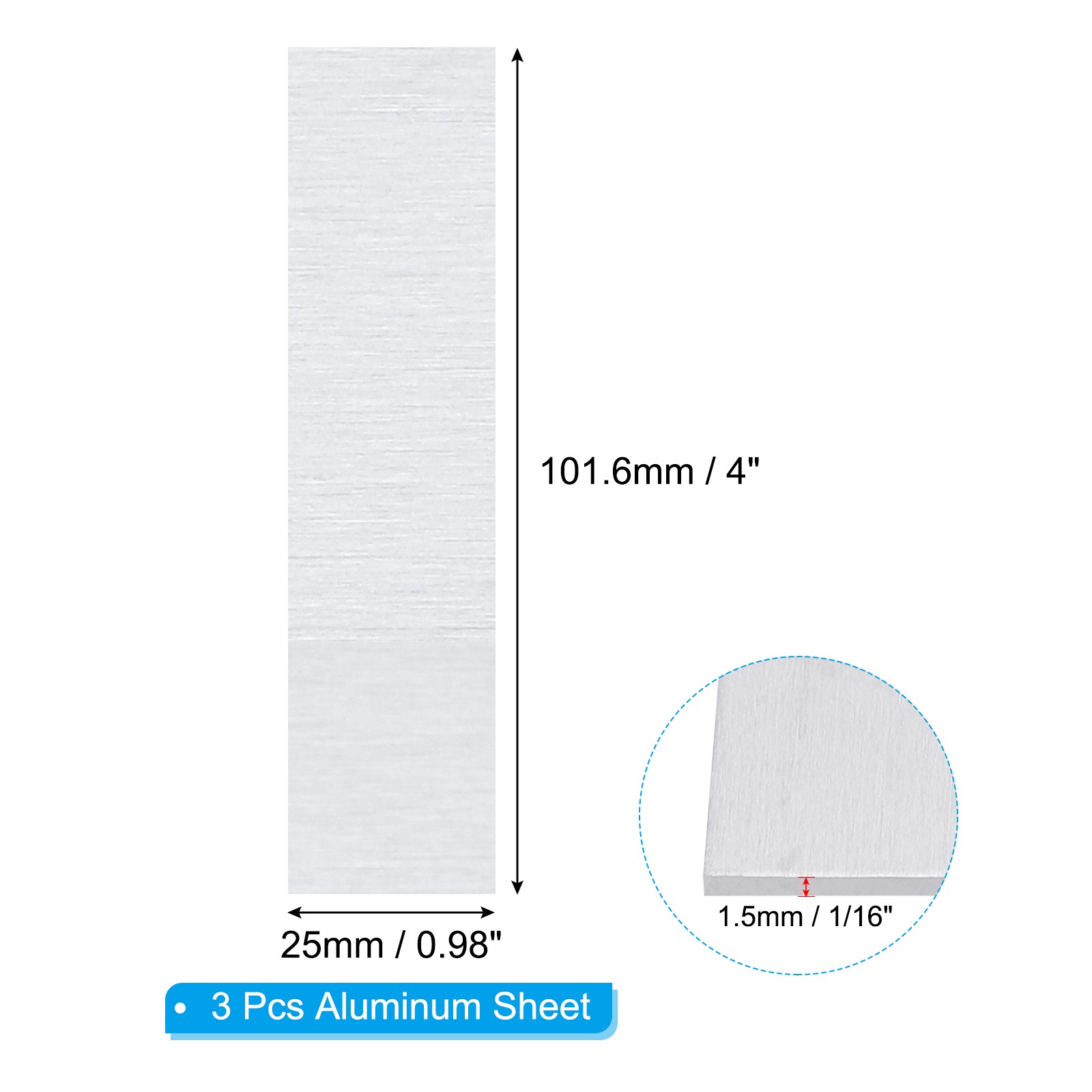 6061 T651 Aluminum Sheet Metal 4 x 0.98 x 1/16(0.0625″) Inch 3Pcs Flat 1.5MM