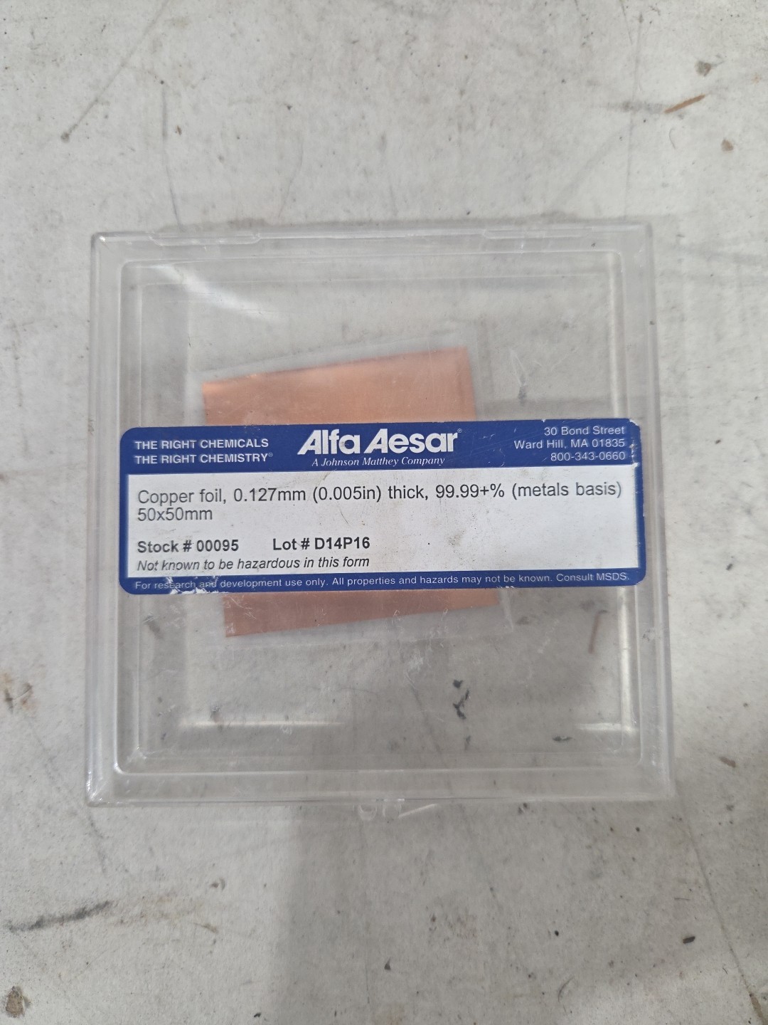 Copper foil, 0.127mm (0.005in) thick, 99.99+% (metals basis) 50x50mm Stock#00095