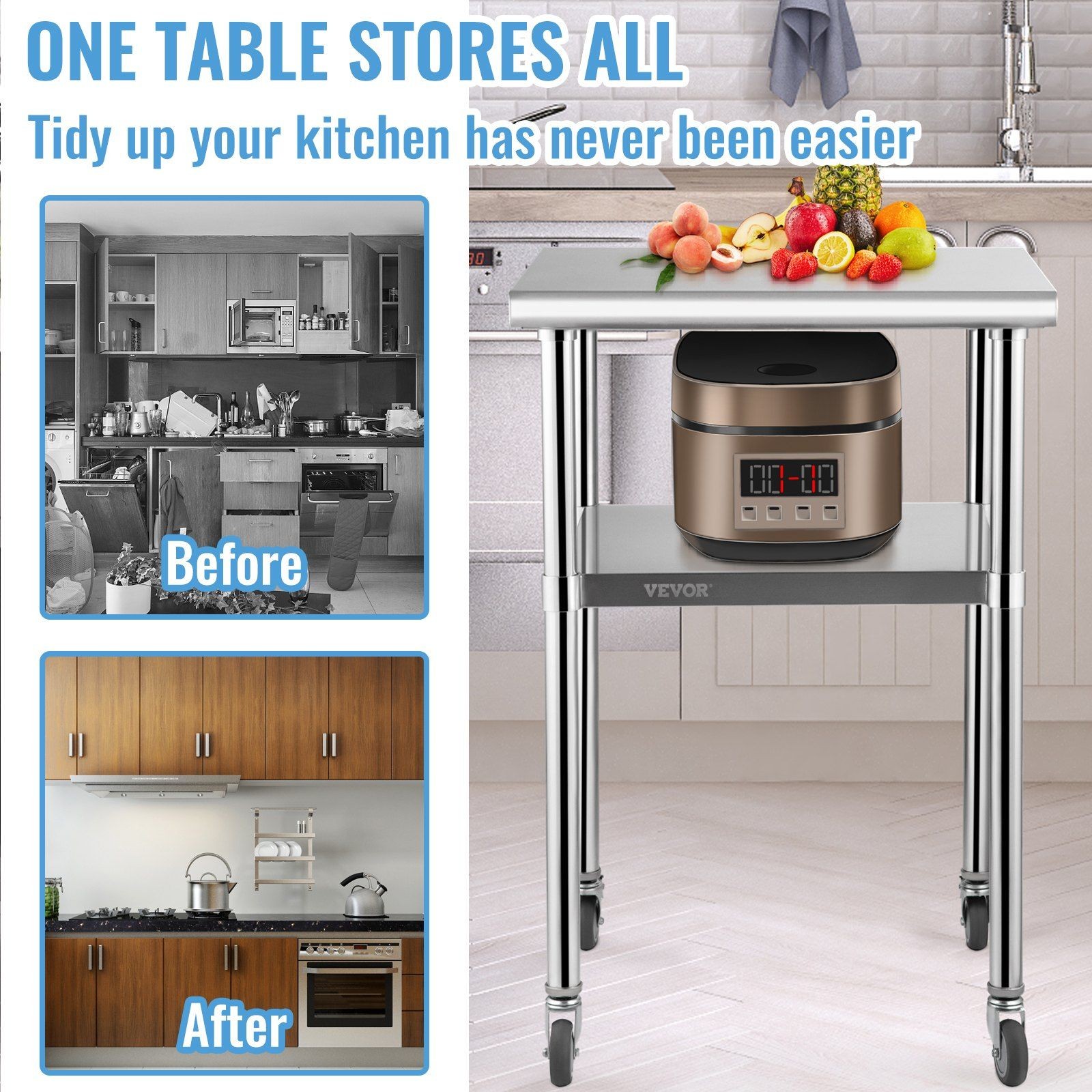 600lb 24x24x36in Stainless Steel Worktable with Adjustable Shelf & Wheels