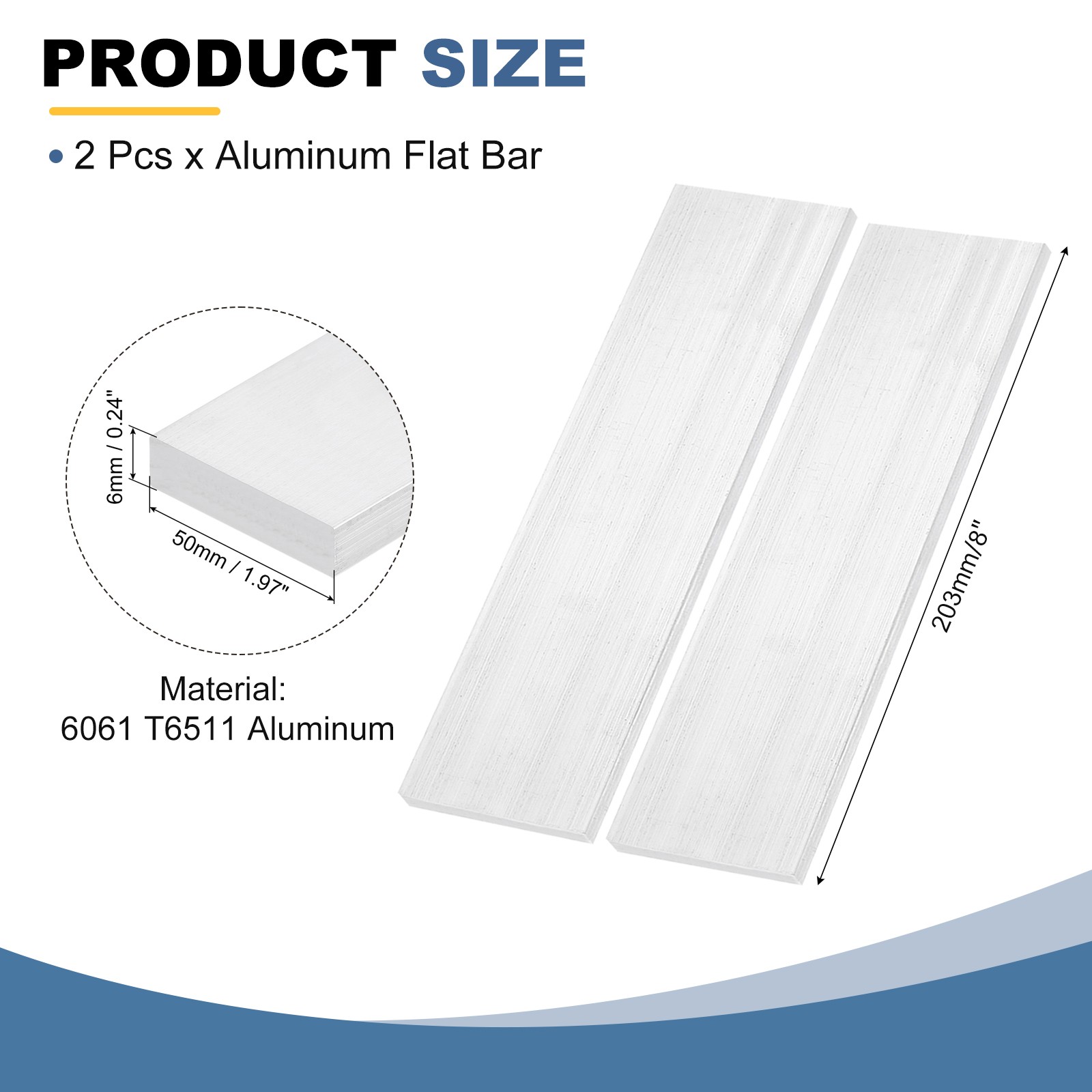 2Pcs Square Aluminum Flat Bar 6x50x203mm 6061 Aluminum Solid New Mill Stock