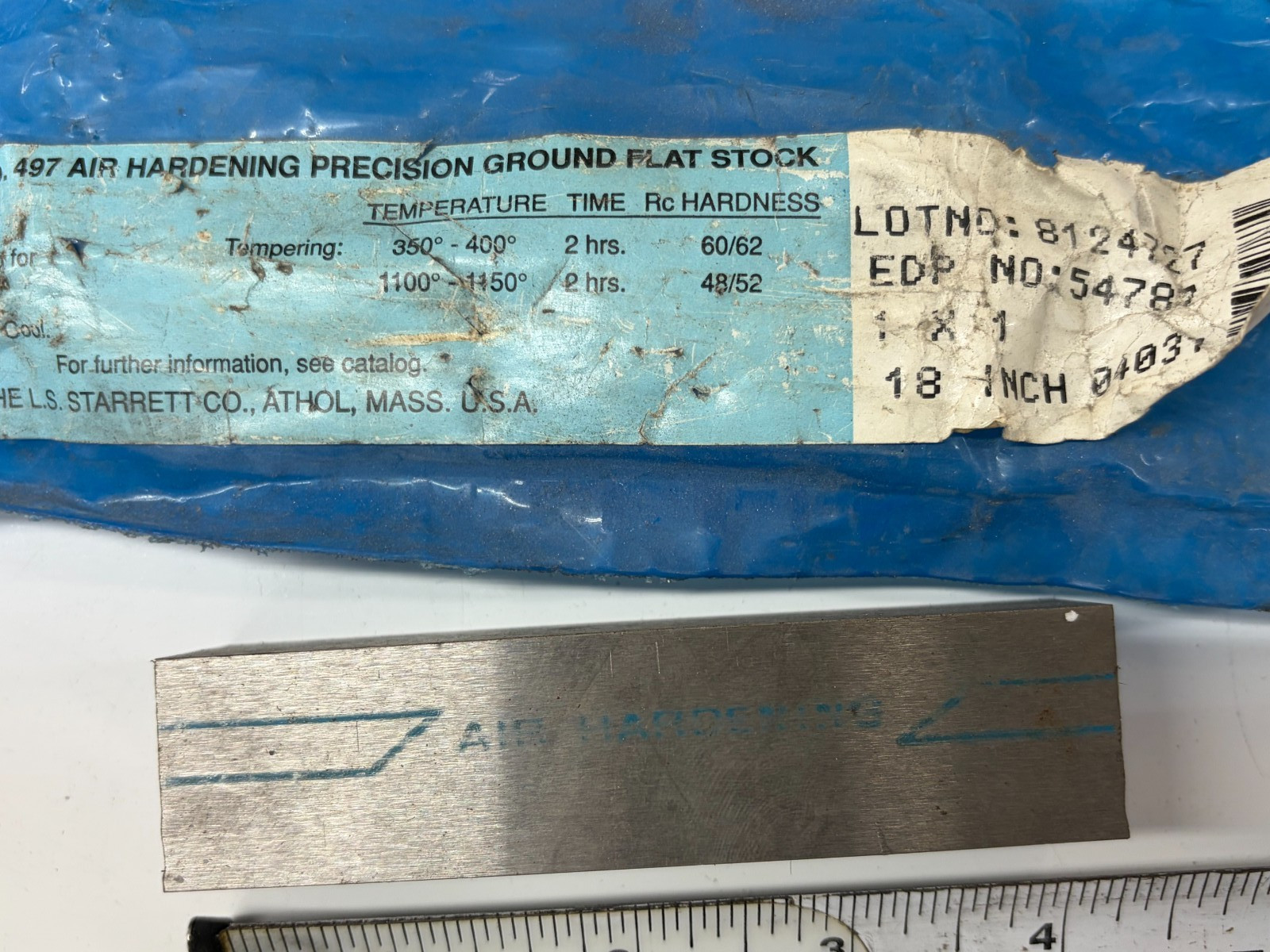 Starrett No 497 A2 Air Hardening Precision Ground Flat Stock Steel 1″x1″x4.1”
