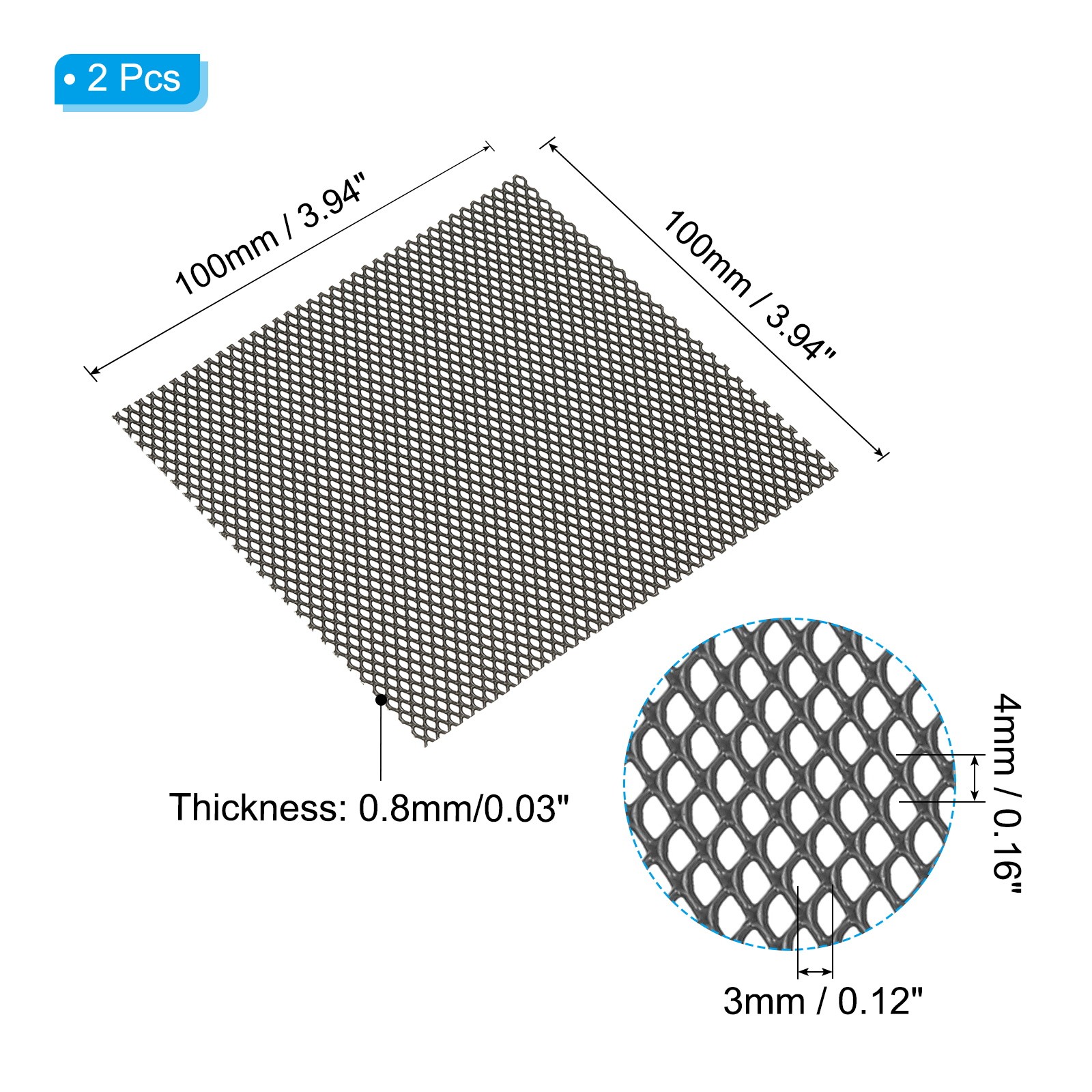 4″L x 4″W Universal Car Grill Mesh, 2Pcs 3x4mm Diamond Hole, Black
