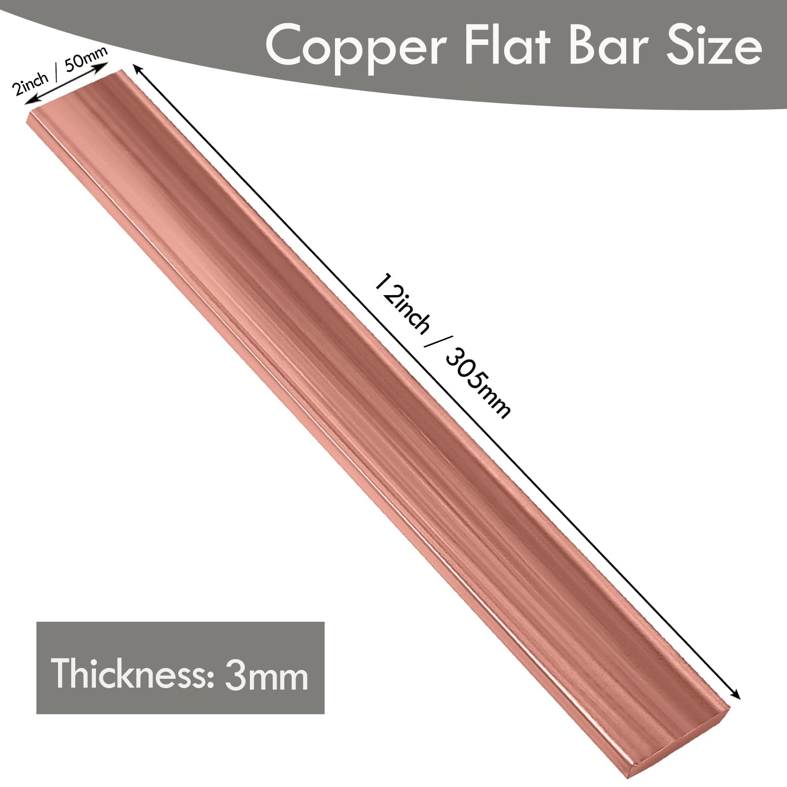 Copper 110 Flat Bar 1/8 x 2 x 12 Long, 3mm x 50mm x 305mm Copper Bus Bar Stock